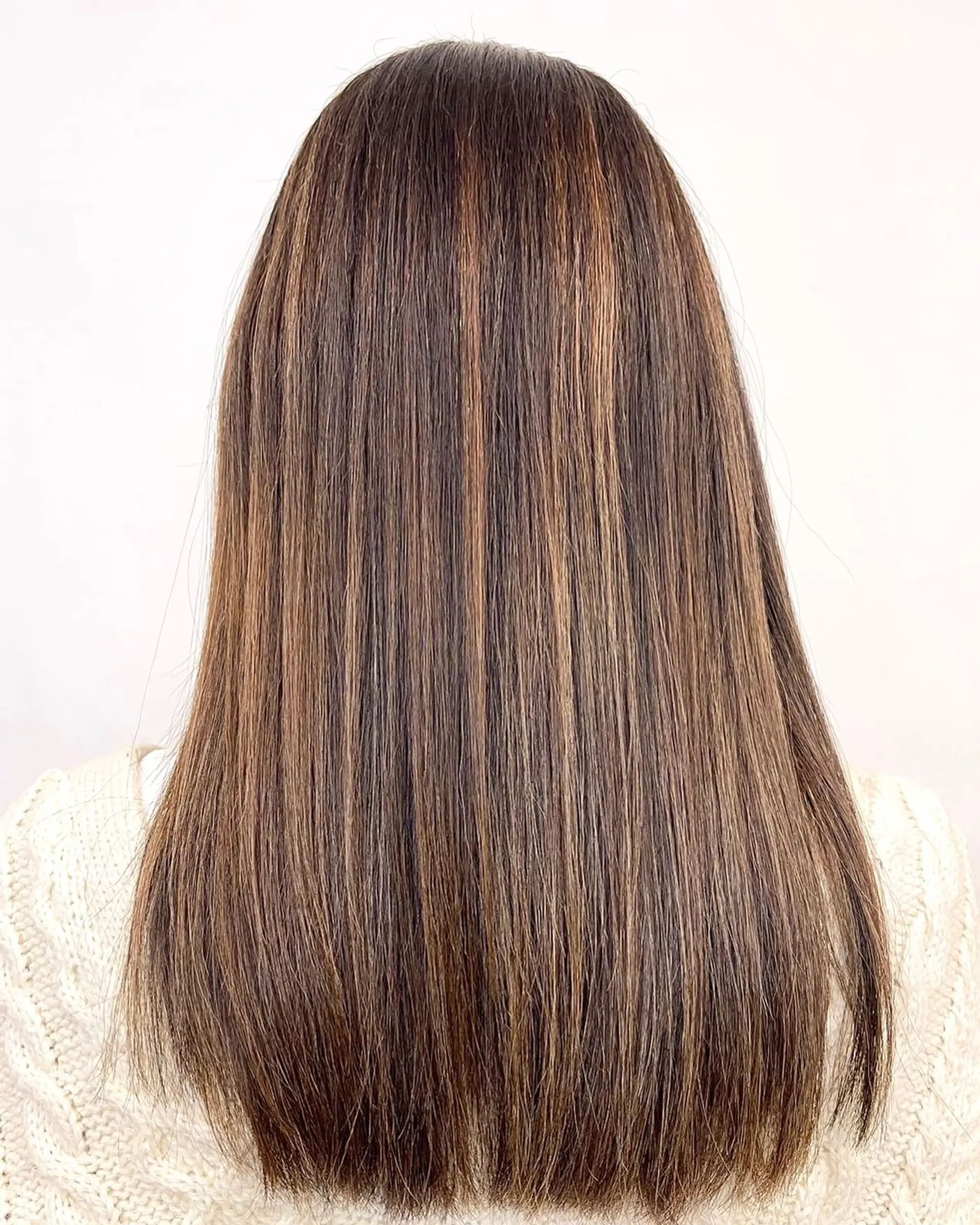 Long, sleek straight brown hair featuring finely blended warm caramel highlights and deep lowlights for multi-dimensional tone. 1