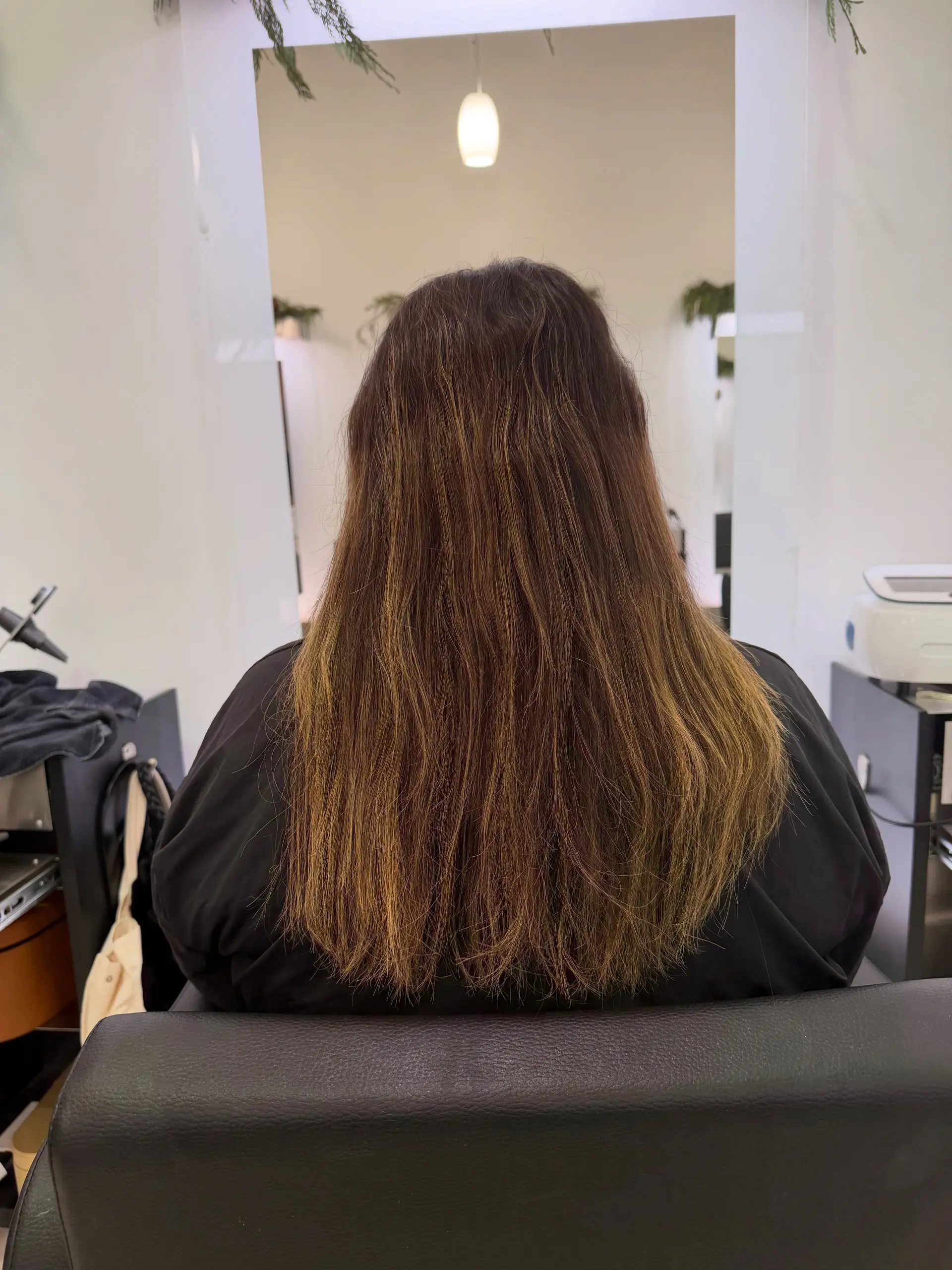 Long dark brown hair with warm caramel highlights. 1