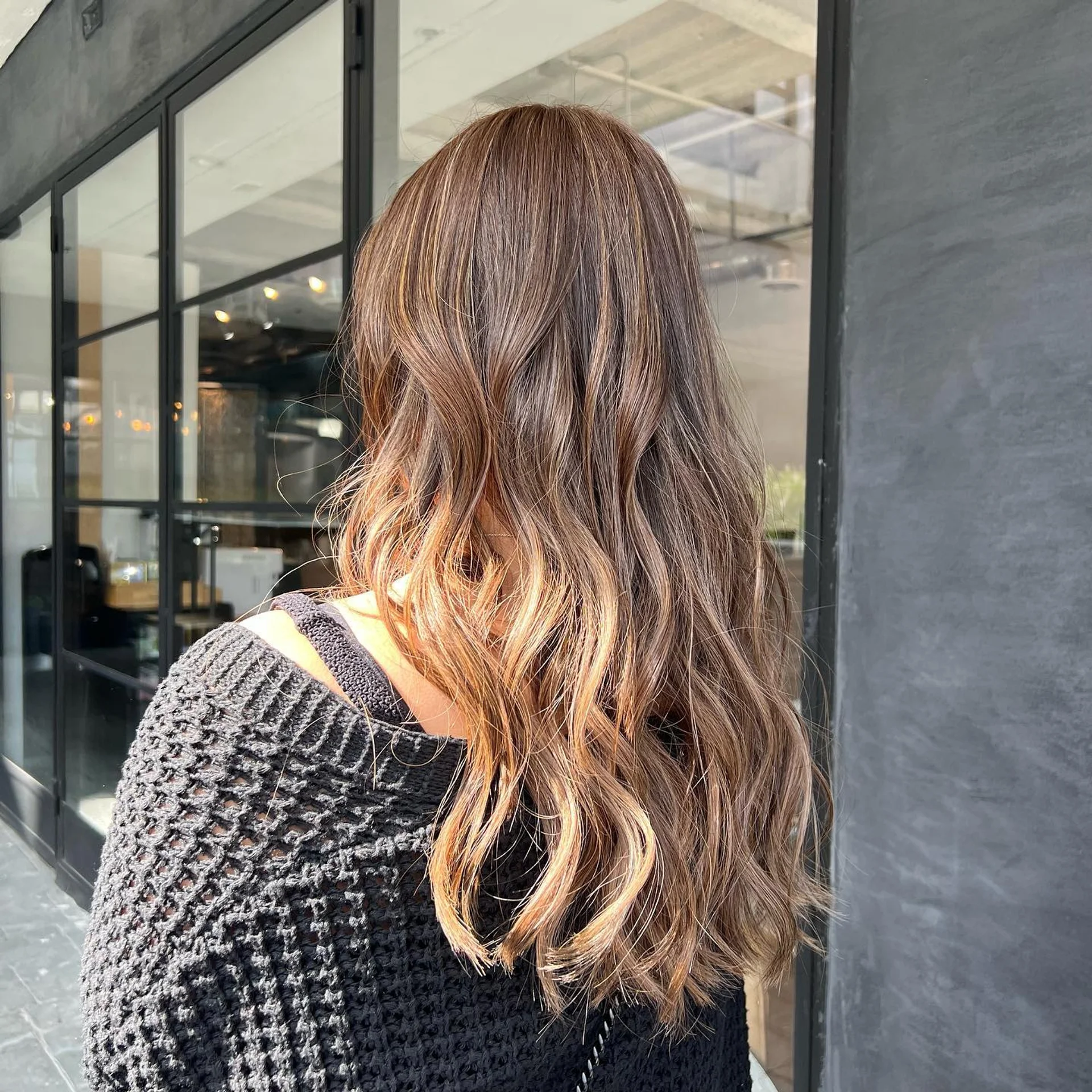 Long, wavy brunette hair with dimensional ash brown balayage, seen from the back. - Preview 3