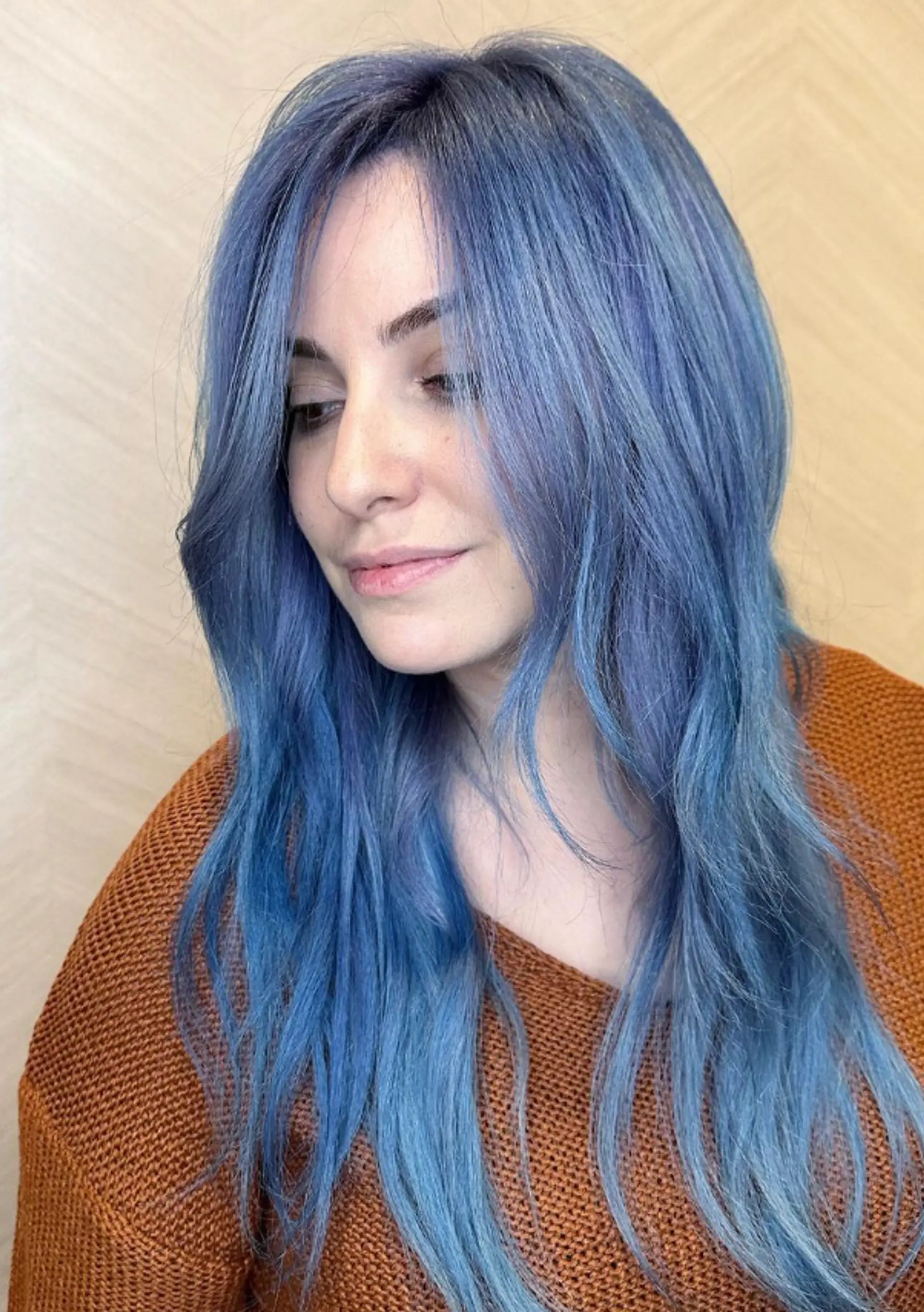 Long, wavy hair with a blue to lavender gradient, featuring soft, face-framing layers and gentle waves. 1