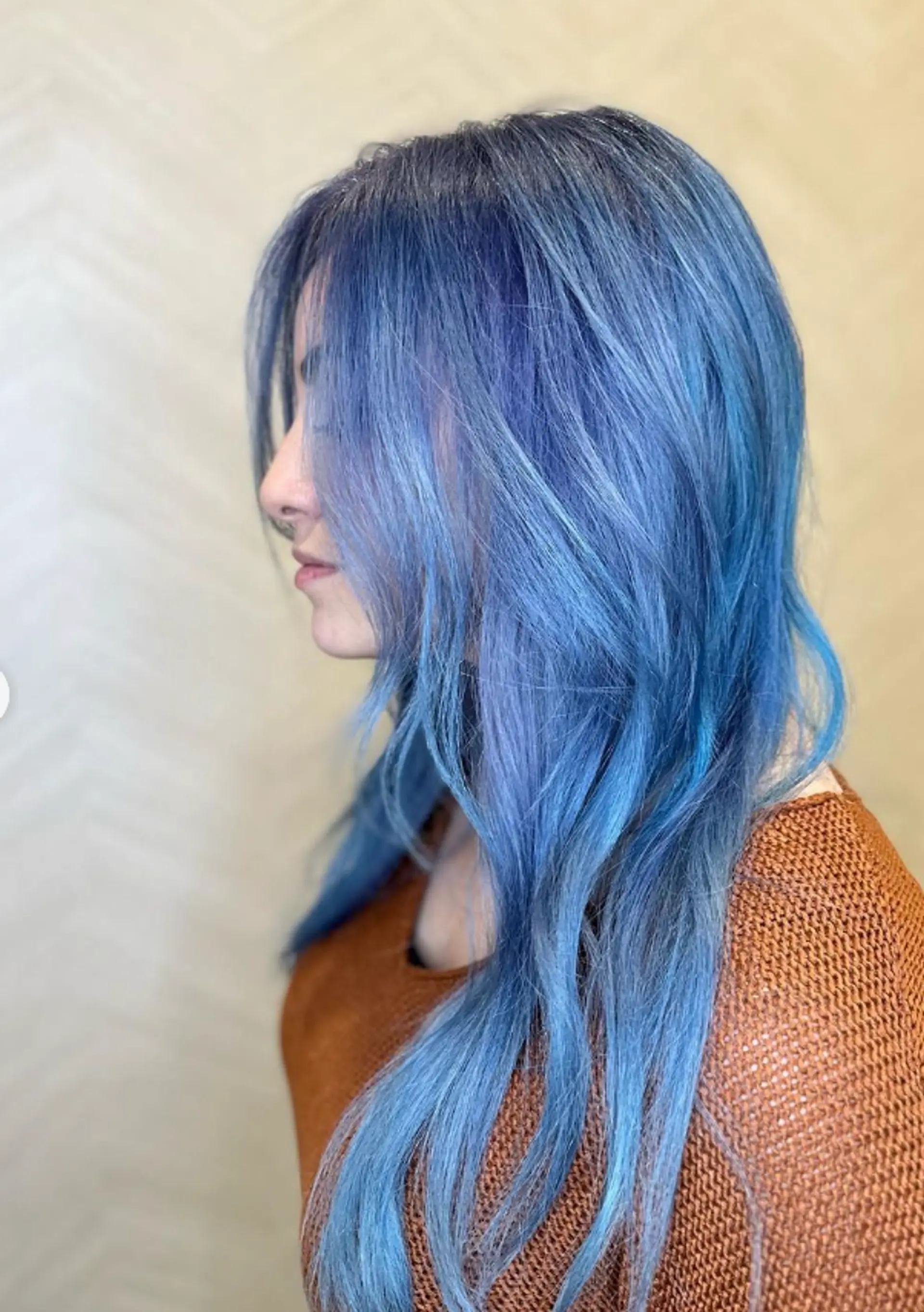 Long, wavy hair with a blue to lavender gradient, featuring soft, face-framing layers and gentle waves. 2