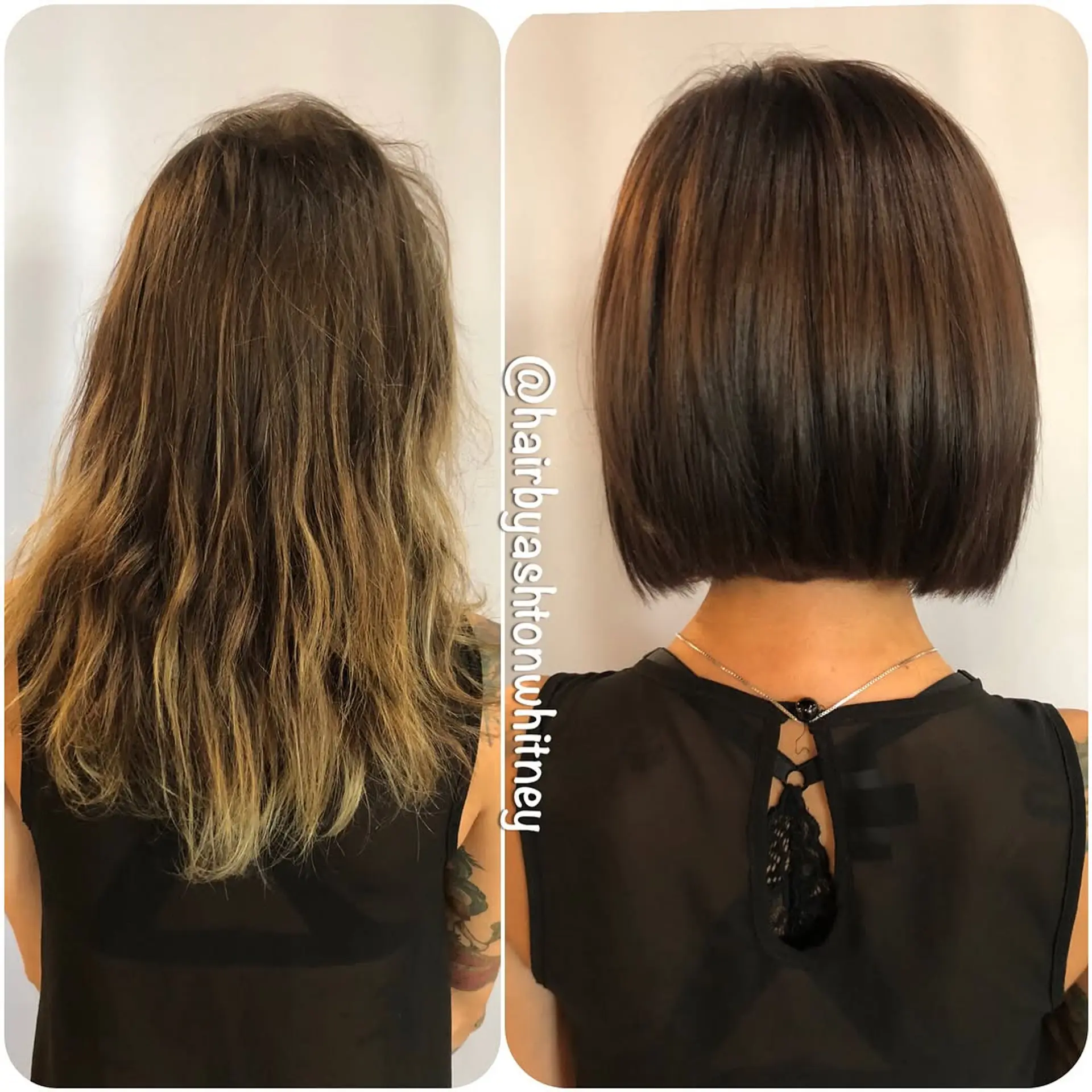 A dramatic hair makeover from medium wavy ends to a sleek, blunt chin-length bob. 1