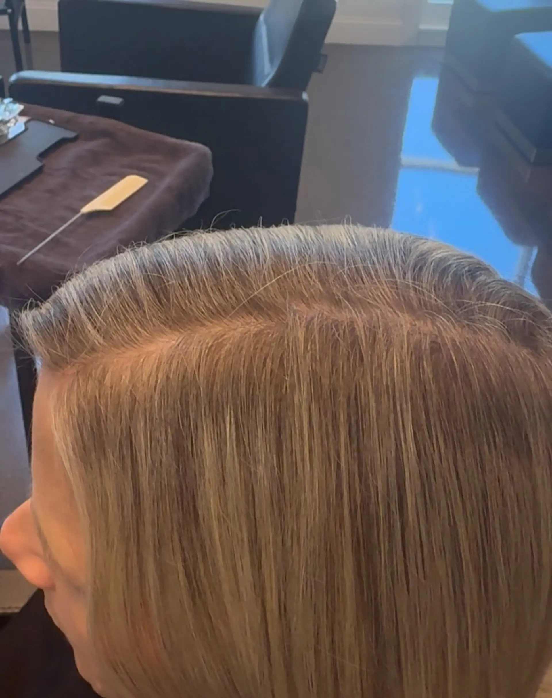 Straight, fine-textured hair featuring seamlessly blended blonde foil highlights from the roots down. 1