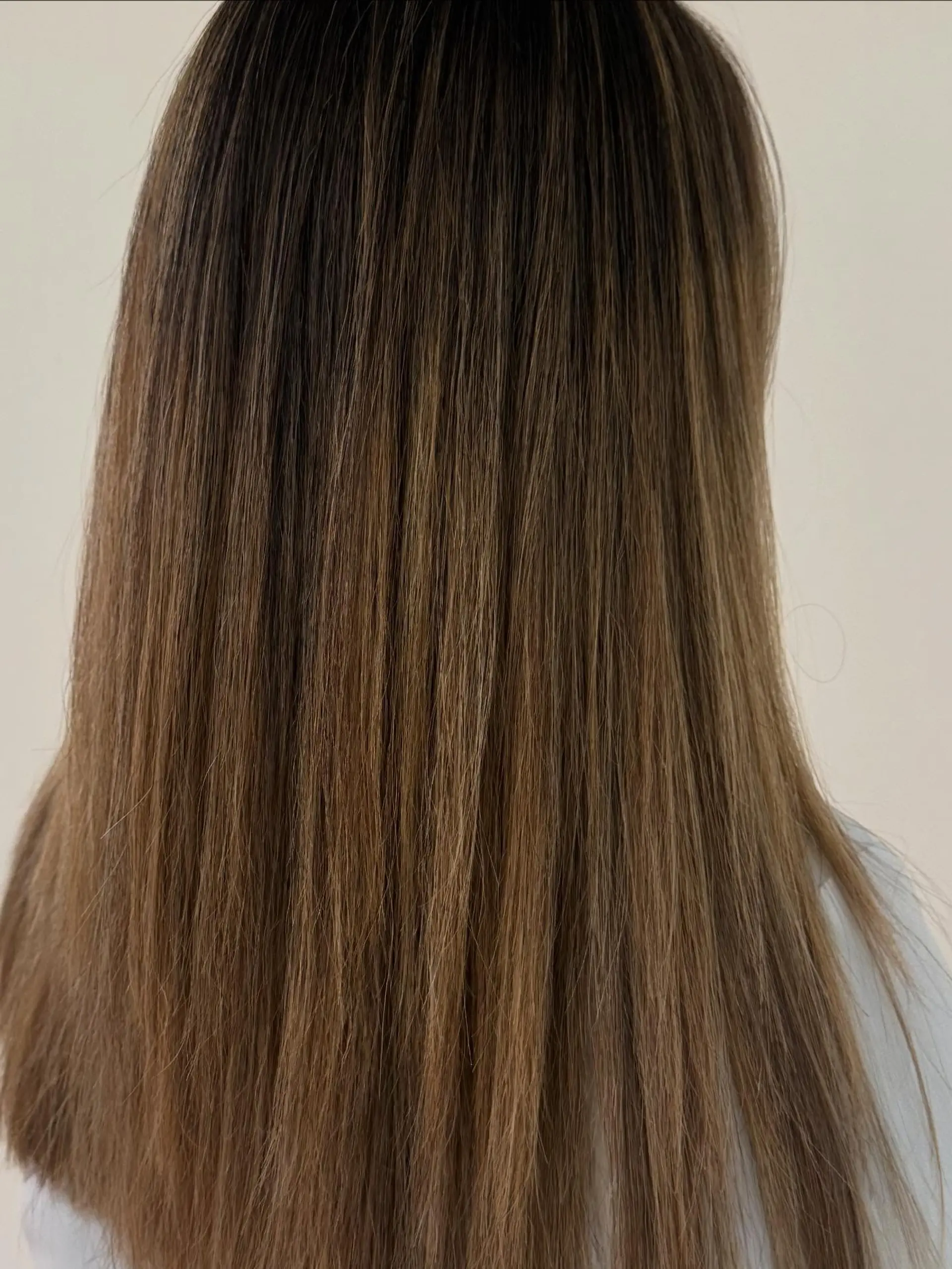 Straight, long brunette hair with fine, subtle dimensional tones. 1