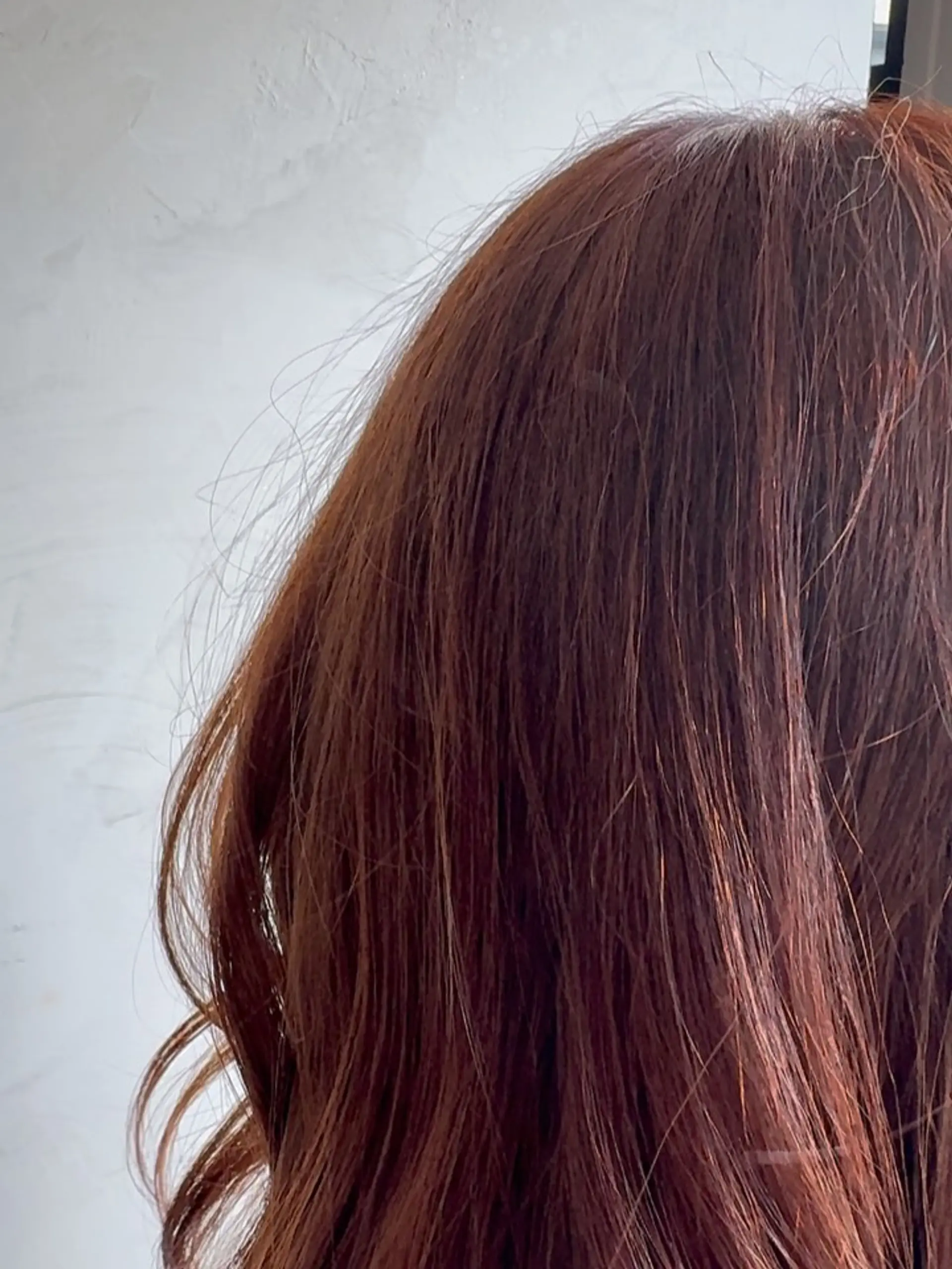 A close-up view of textured hair dyed in a vibrant cinnamon copper tone. 1