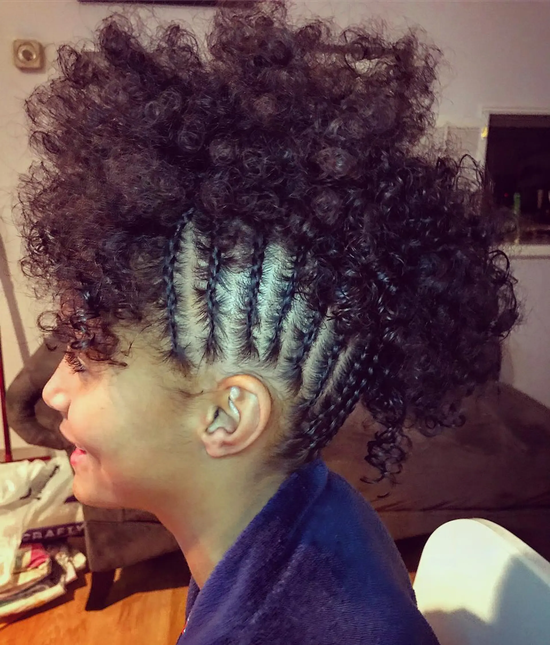 Side cornrow braids styled upward into a voluminous, naturally curly frohawk/mohawk. 1