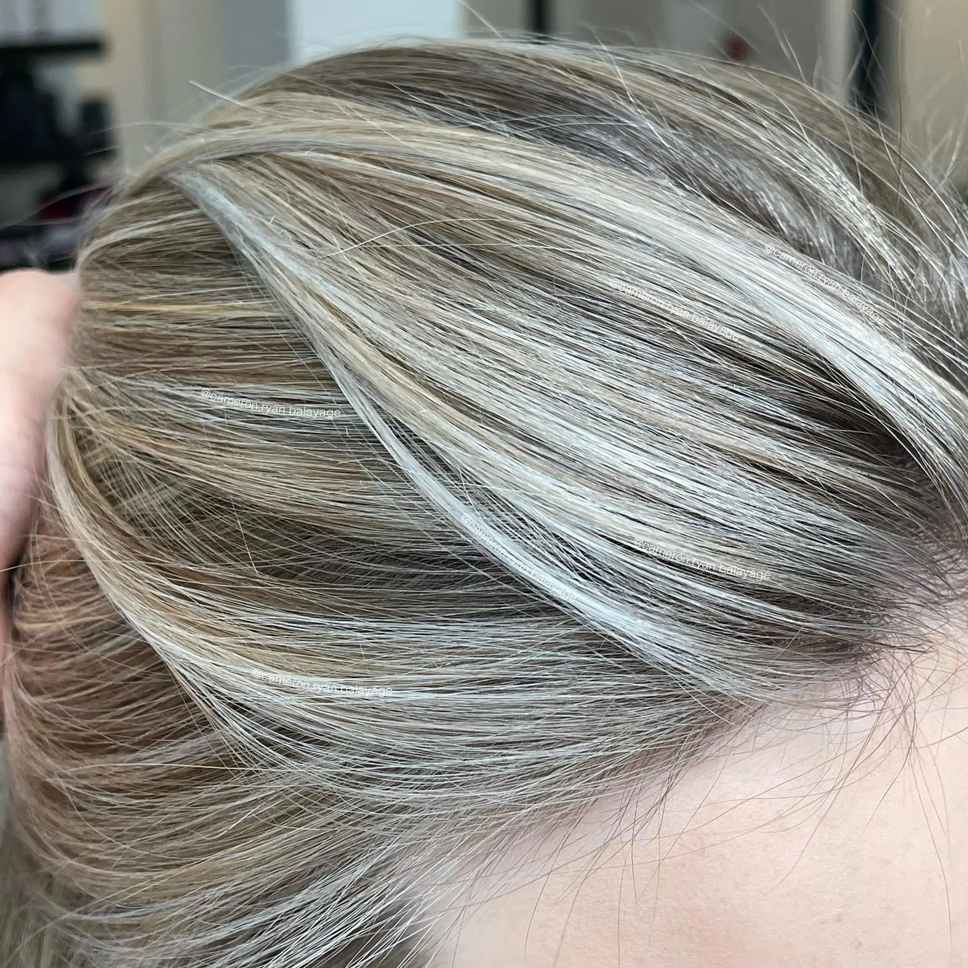 Detailed close-up of finely woven ash blonde foil highlights blending seamlessly into a natural dark blonde base. 1