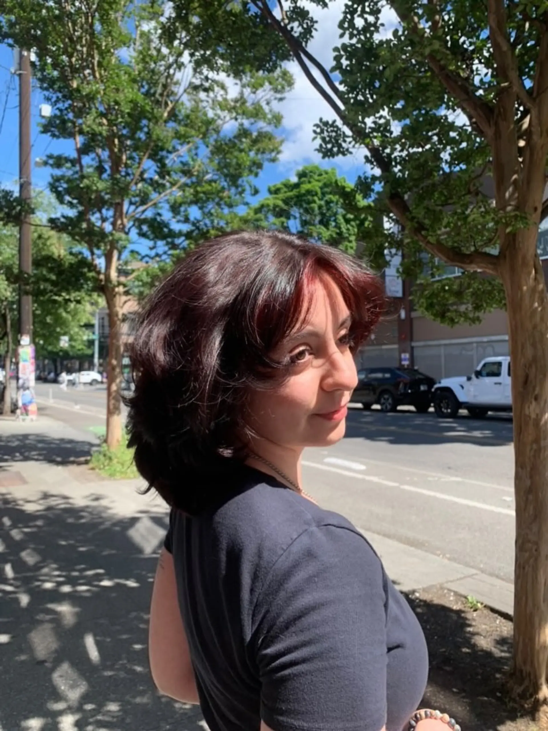 Medium-length layered shag haircut with curtain bangs and subtle reddish-burgundy tones. 1