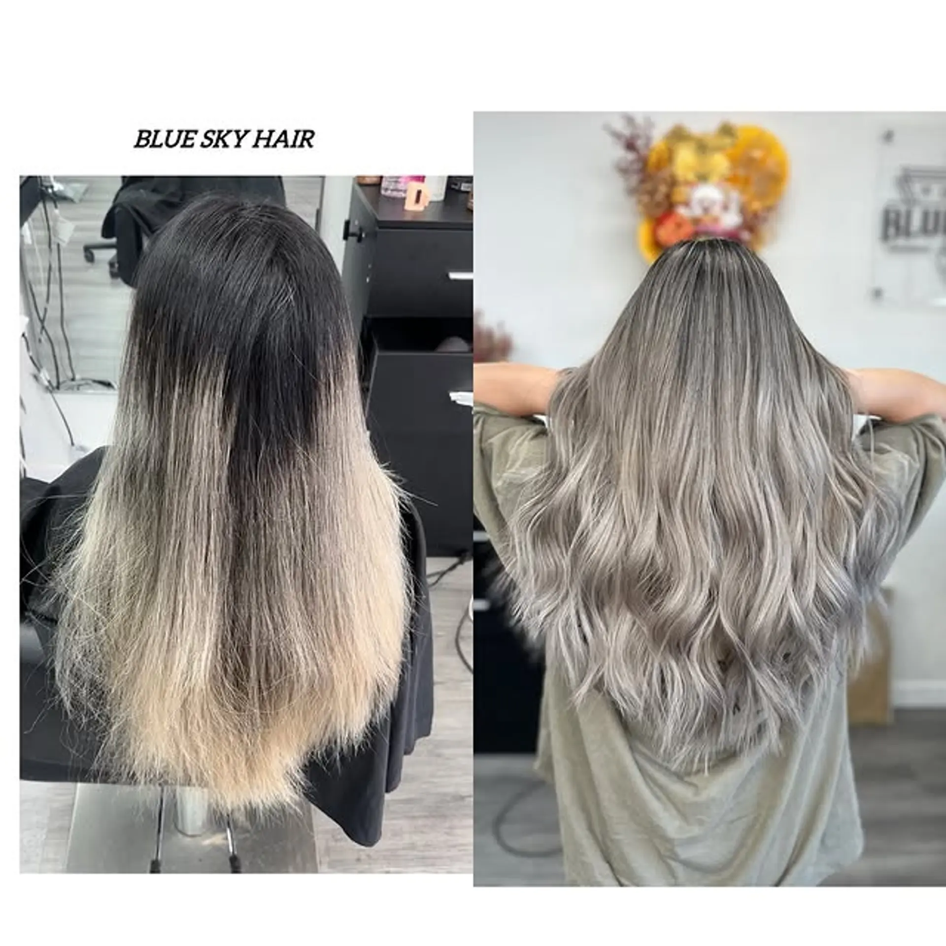 Long, wavy hair with a stunning black to silver blonde ombre. 1