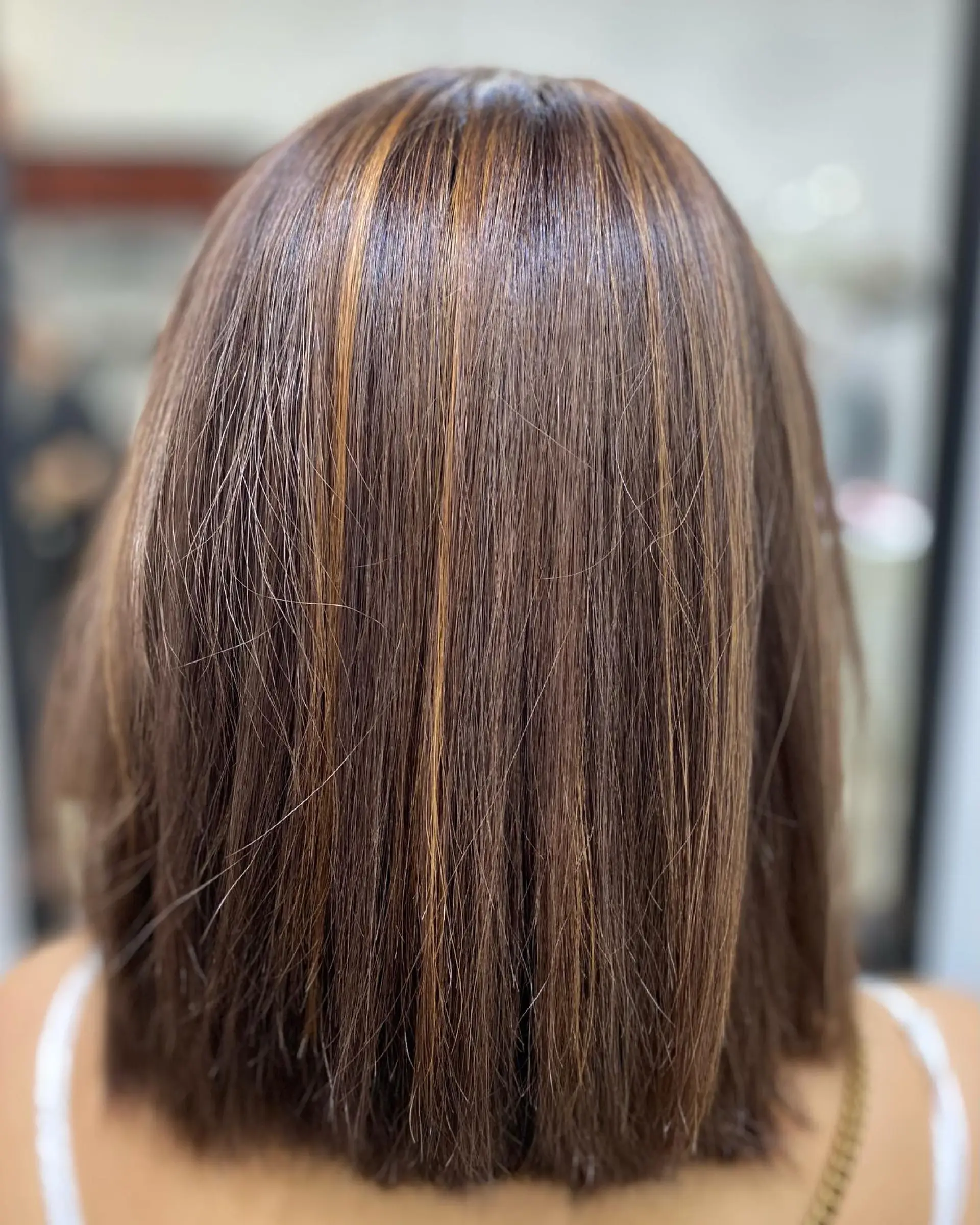 A stylish lob with caramel highlights on a chocolate brown base, perfect for adding dimension and shine to straight hair. 1