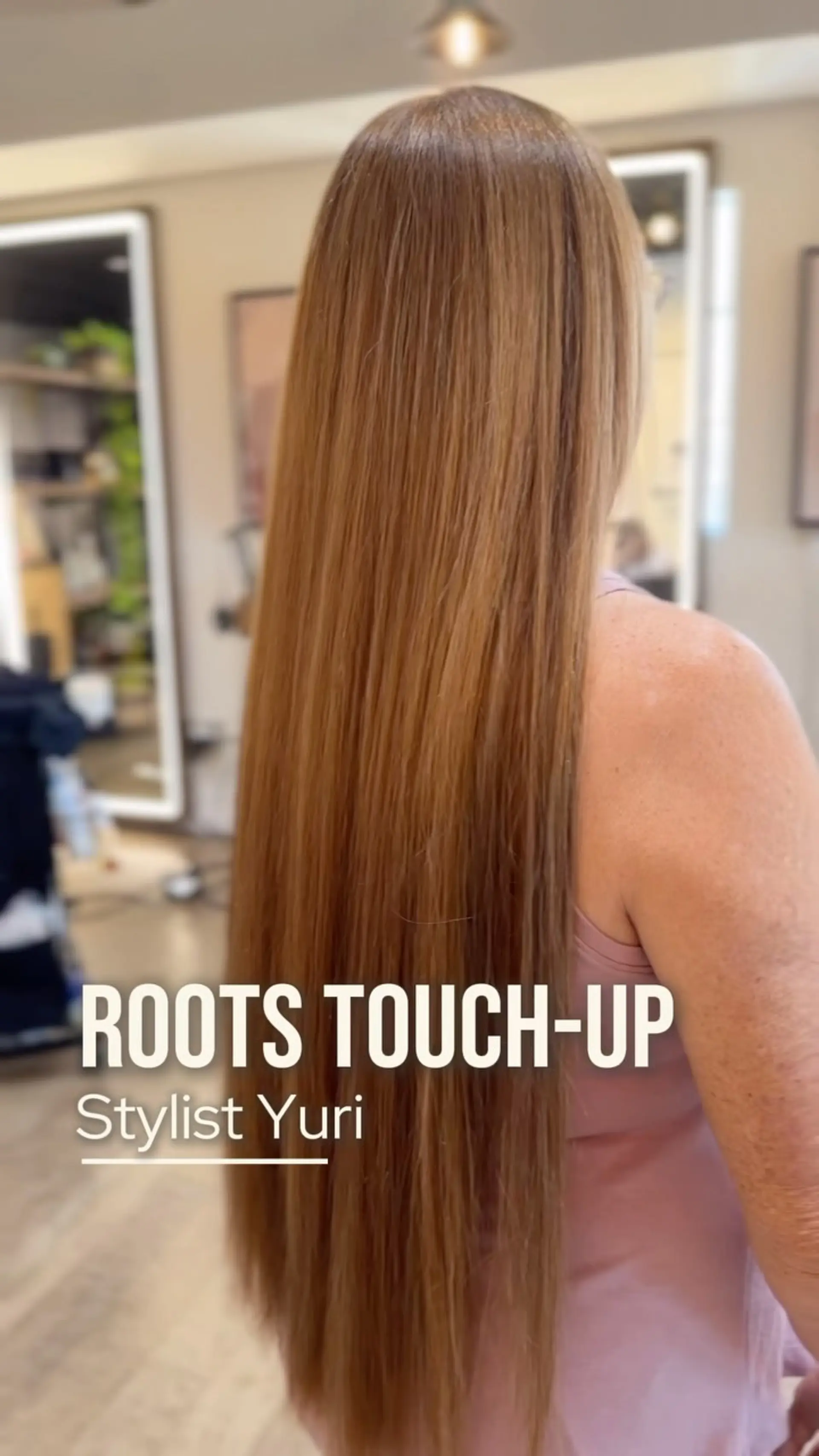 Extra-long, pin-straight hair in a radiant warm light brown shade following a root touch-up. 1