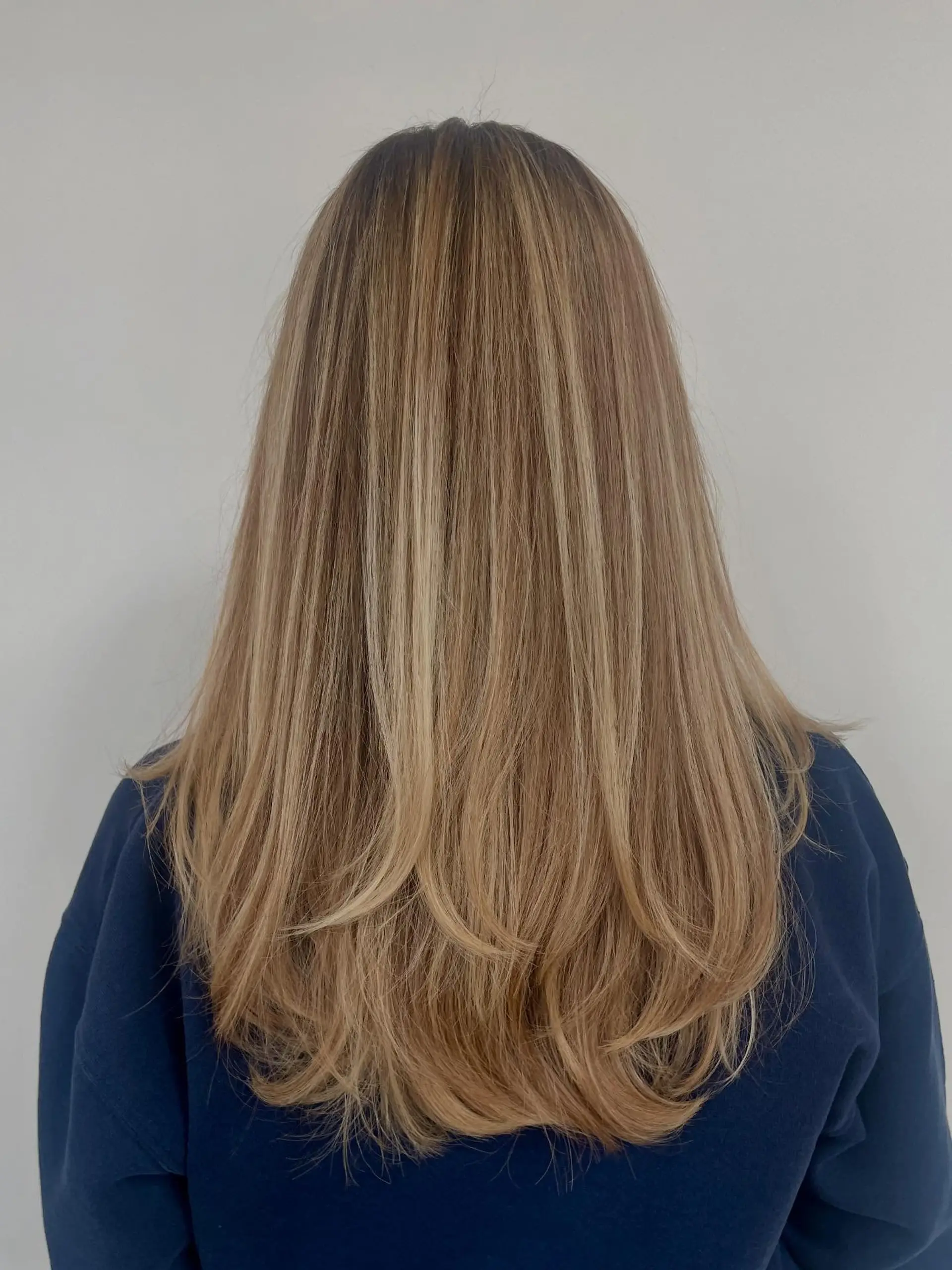 Long hair with soft blonde balayage highlights, cut with flowing layers and styled into a smooth, rounded blowout. 1