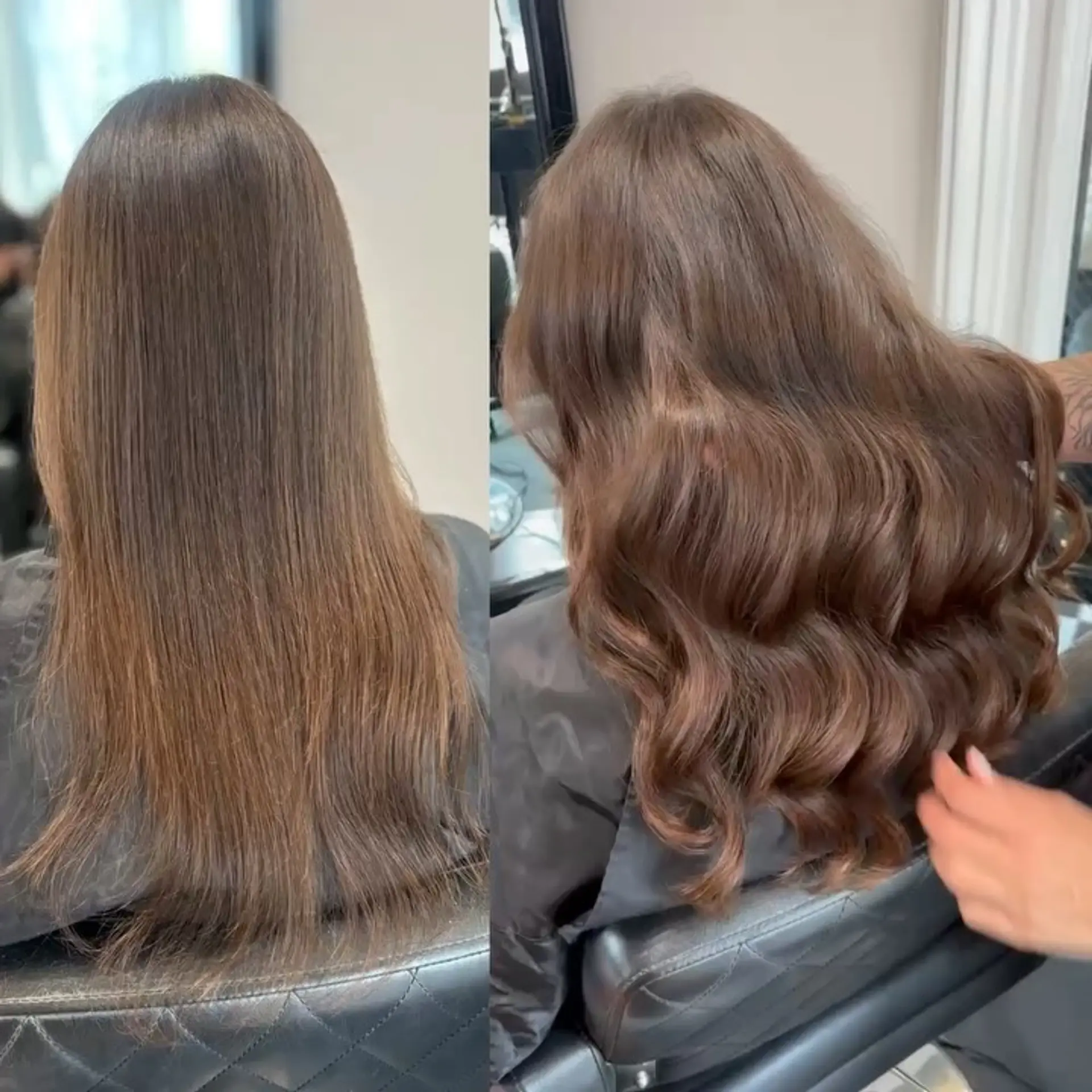 A transformative before-and-after showing long brunette hair enhanced with extensions and styled into voluminous waves. 1