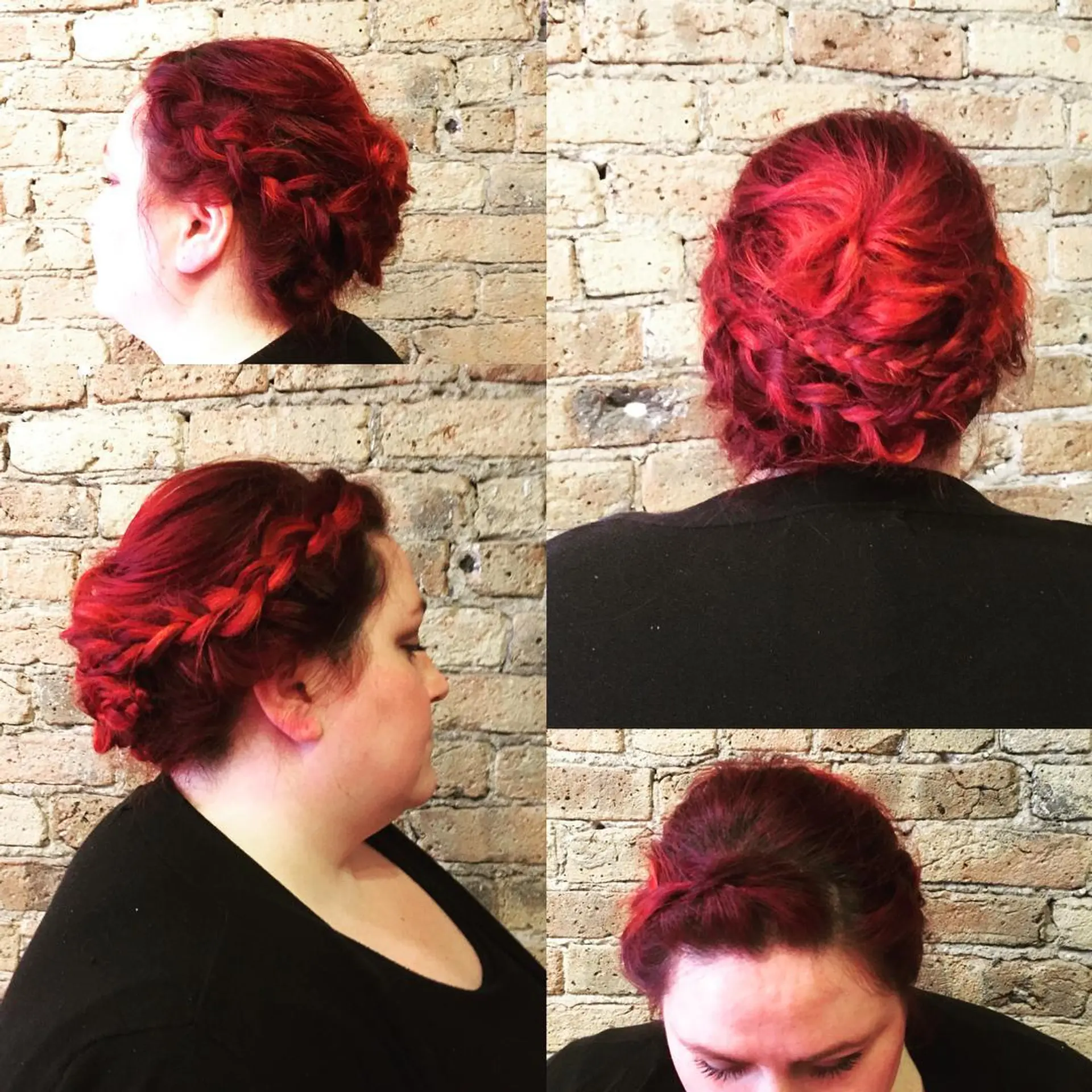 A vibrant crimson red hair updo featuring textured Dutch or crown braids wrapped around the sides and back. 1