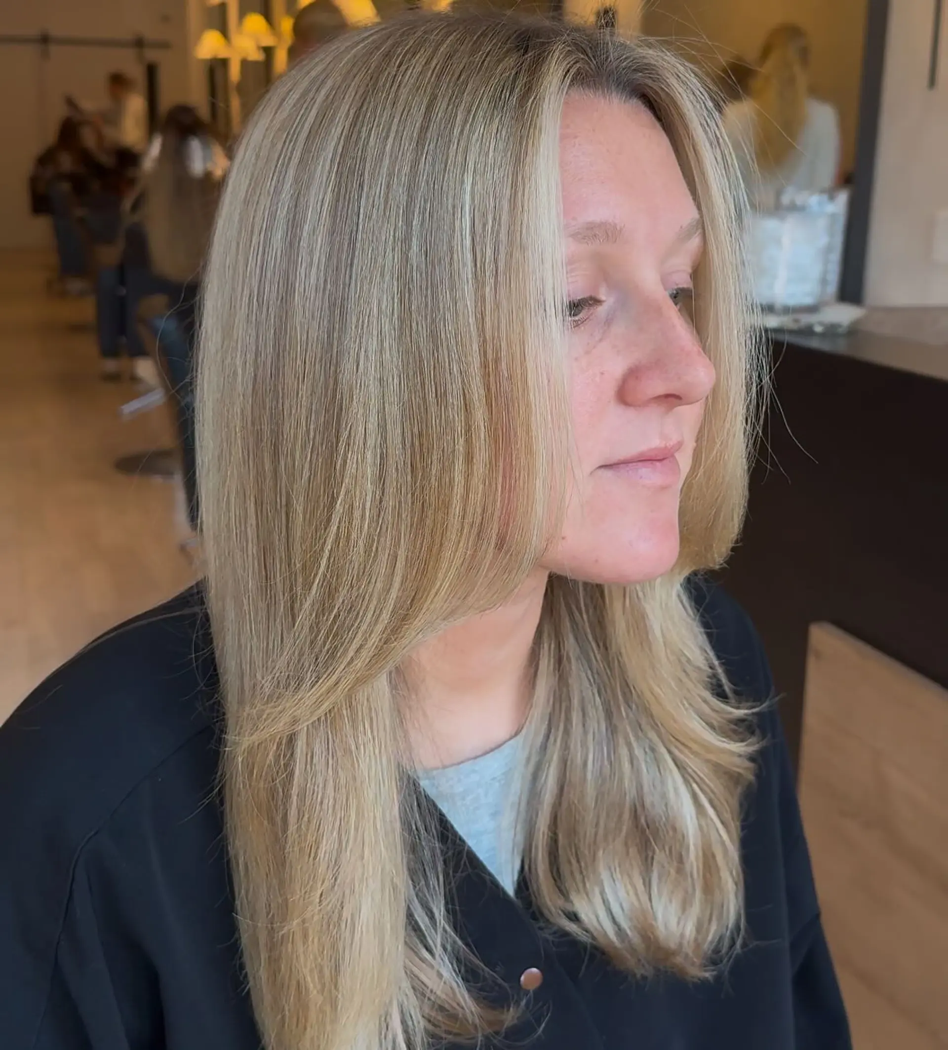 Straight long golden blonde hair with seamless dimensional highlights and soft face-framing layers. 1