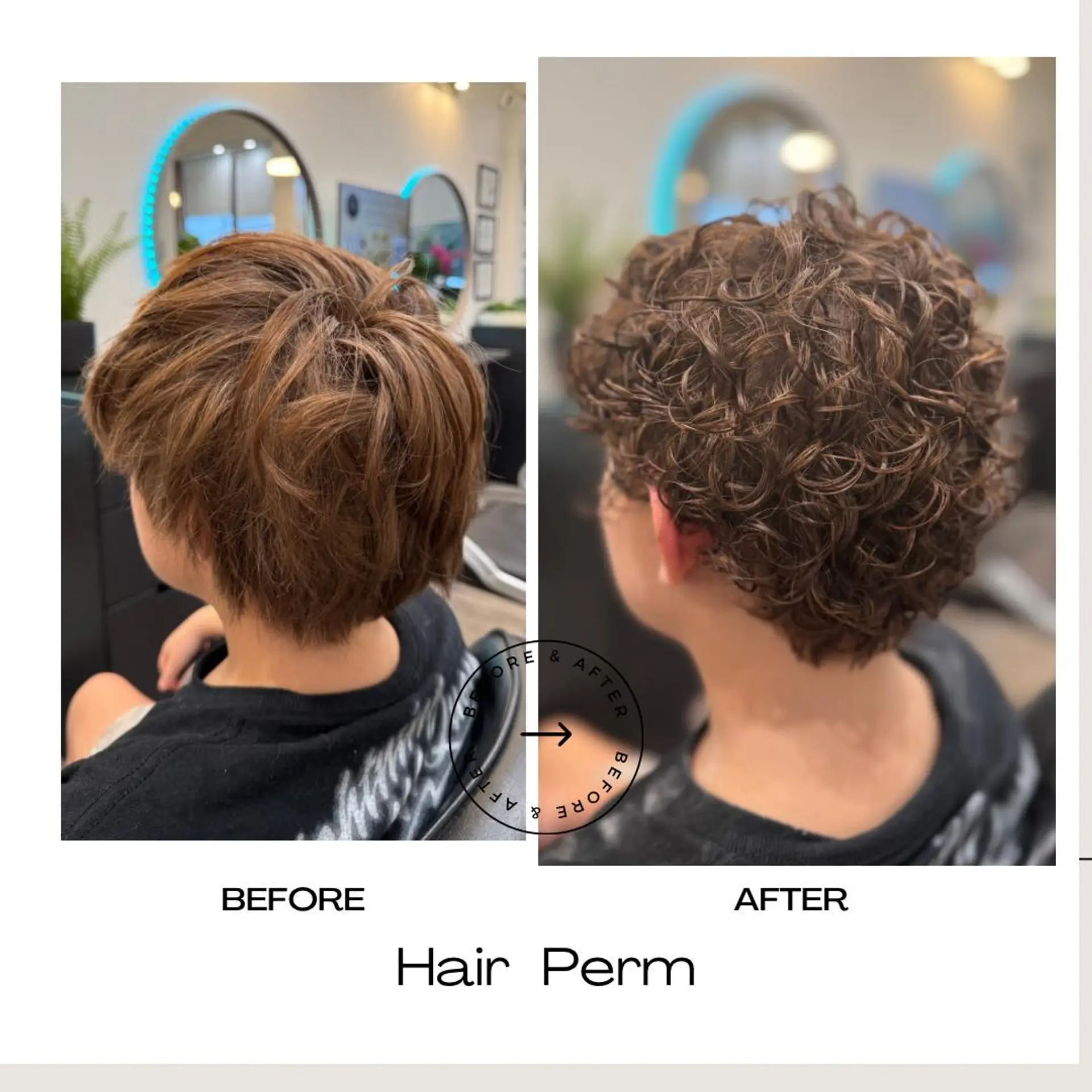 A textured short hair perm transformation creating defined, tight curls with natural volume and movement. 1