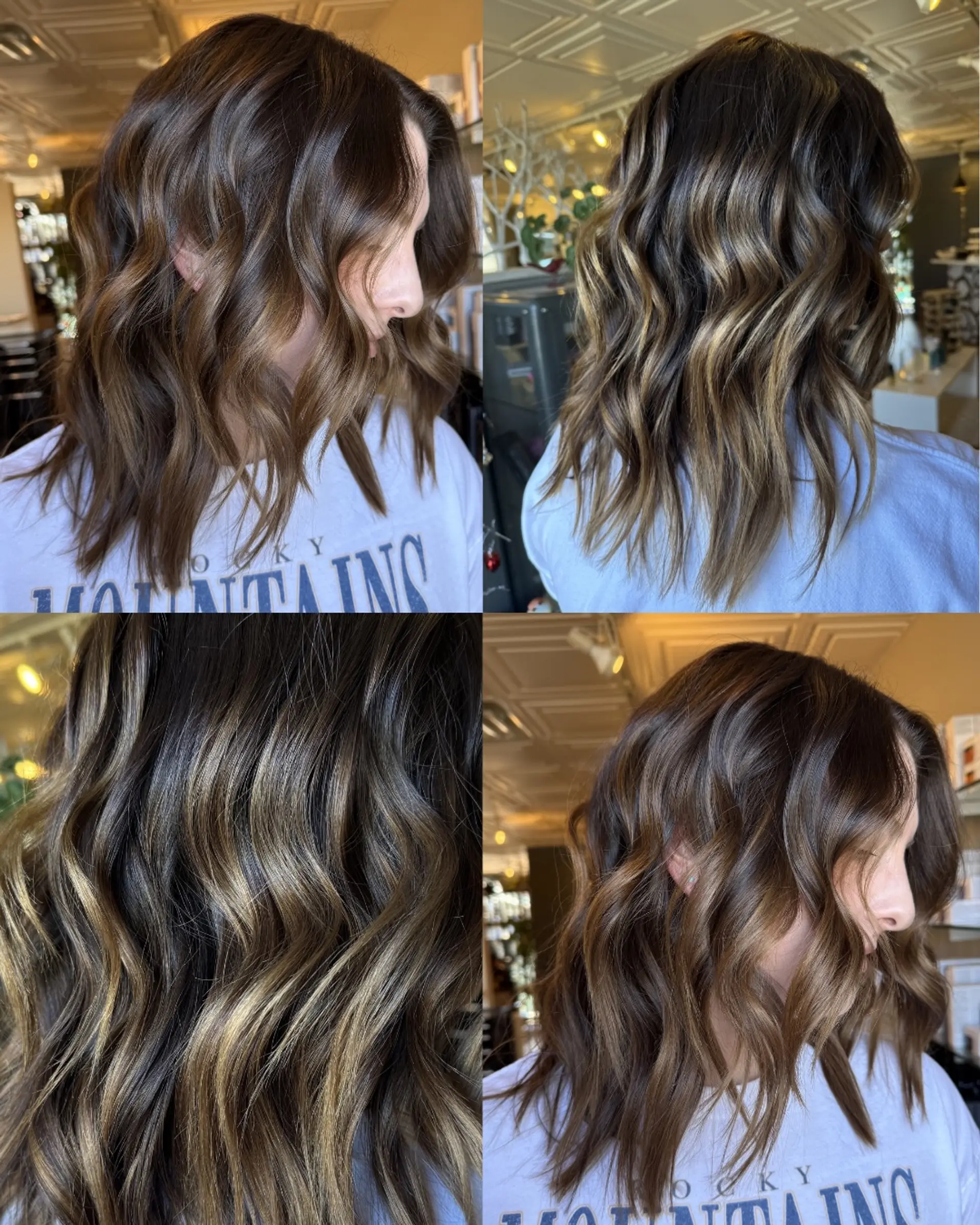 Medium-length dimensional brunette styled with soft, undone waves and blended warm caramel ribbons woven throughout a rich brown base. 1