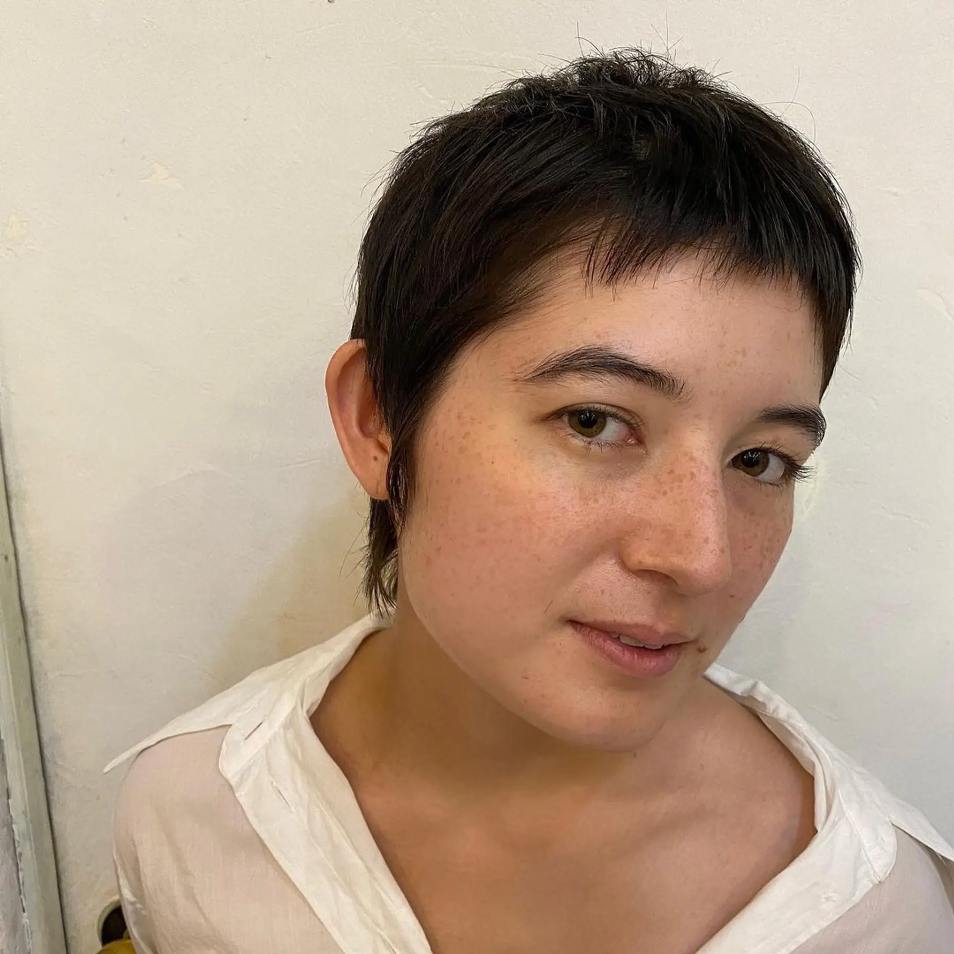 A sleek, textured pixie cut with uniformly short, dark brown hair. Features include slightly longer pieces at the crown for volume, and straight-cut bangs with a bit of unevenness for a modern, edgy look. 1