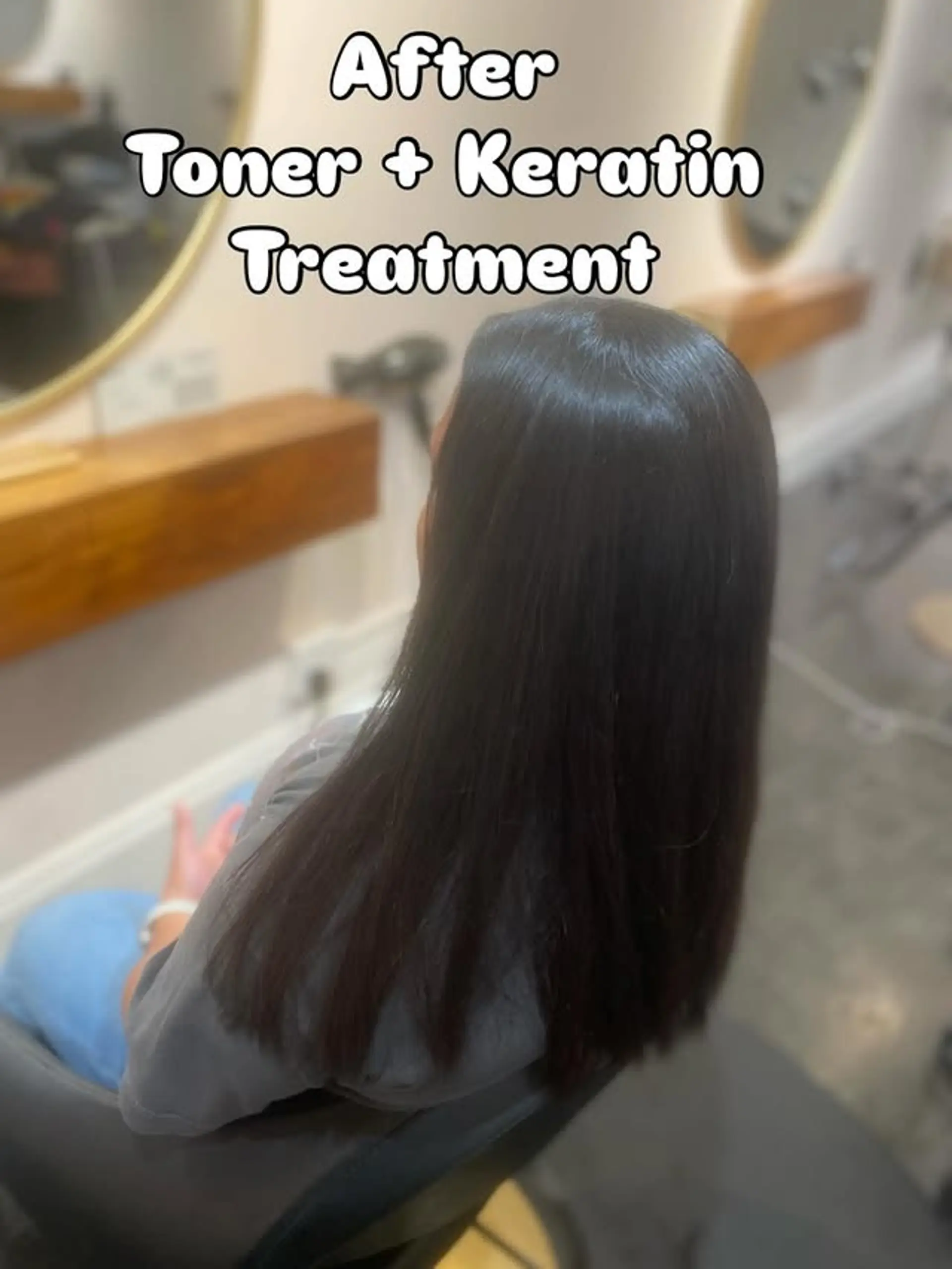Long, incredibly sleek and straight hair, radiating a deep, glossy shine, reflecting the results of a professional smoothing treatment and toner. 1