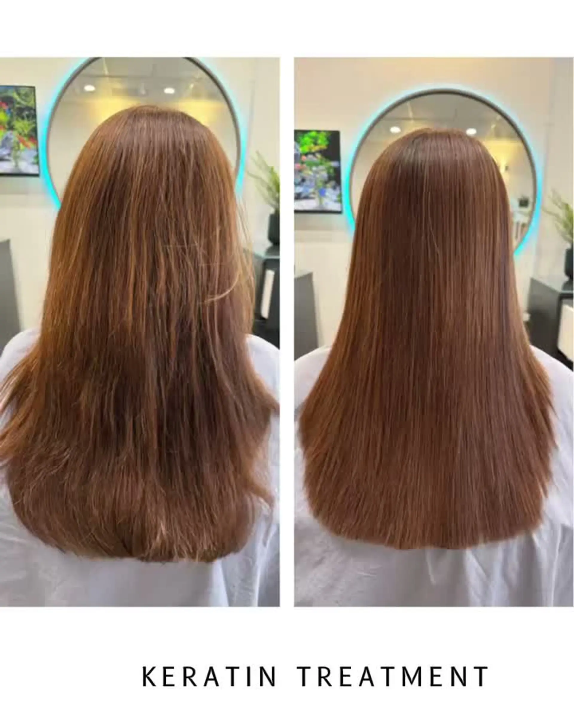 A before-and-after comparison showing long, frizzy copper-brown hair smoothed into sleek, glossy, straight locks. 1