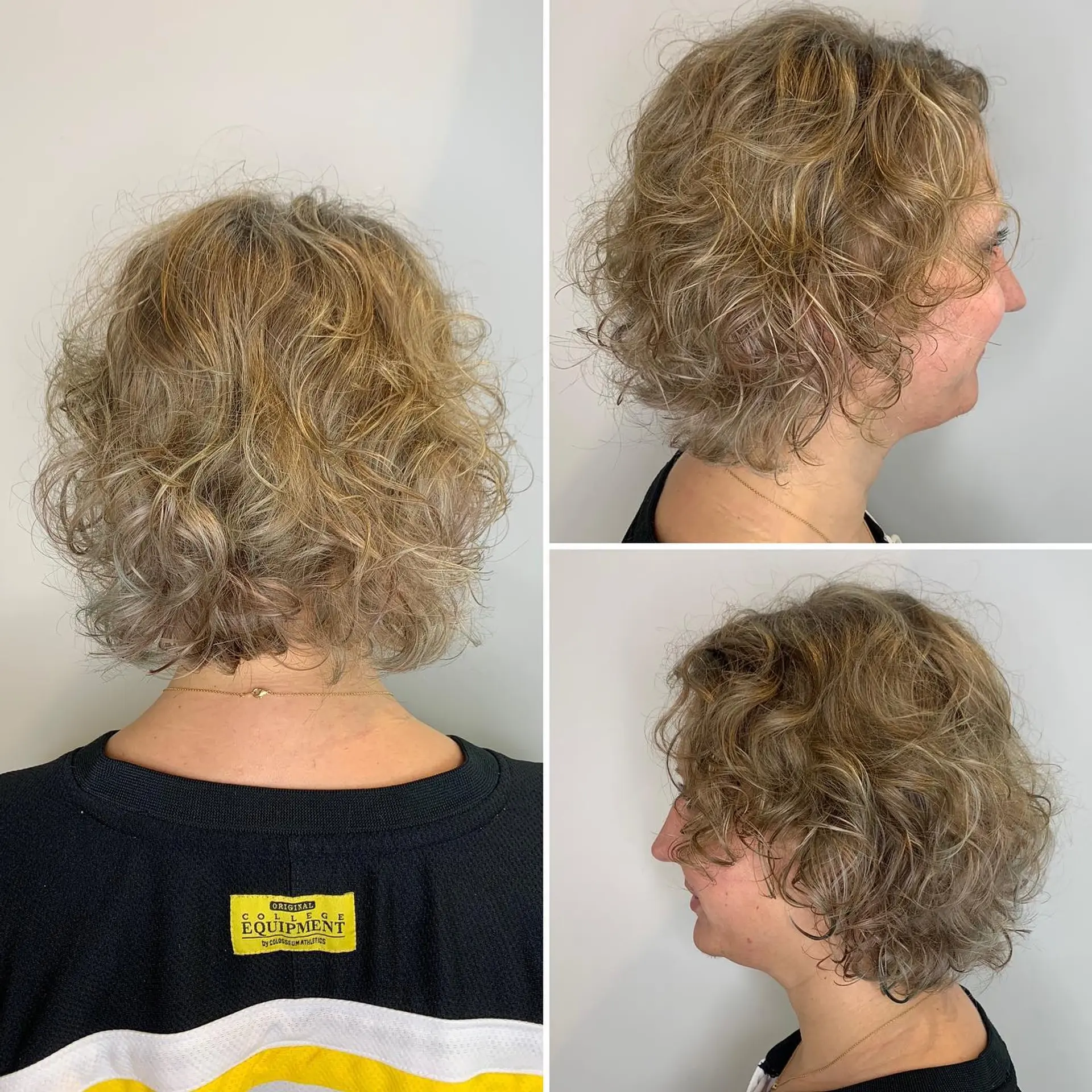 A classic curly bob with layers to enhance volume and shape. The highlights add dimension to the curls. 1
