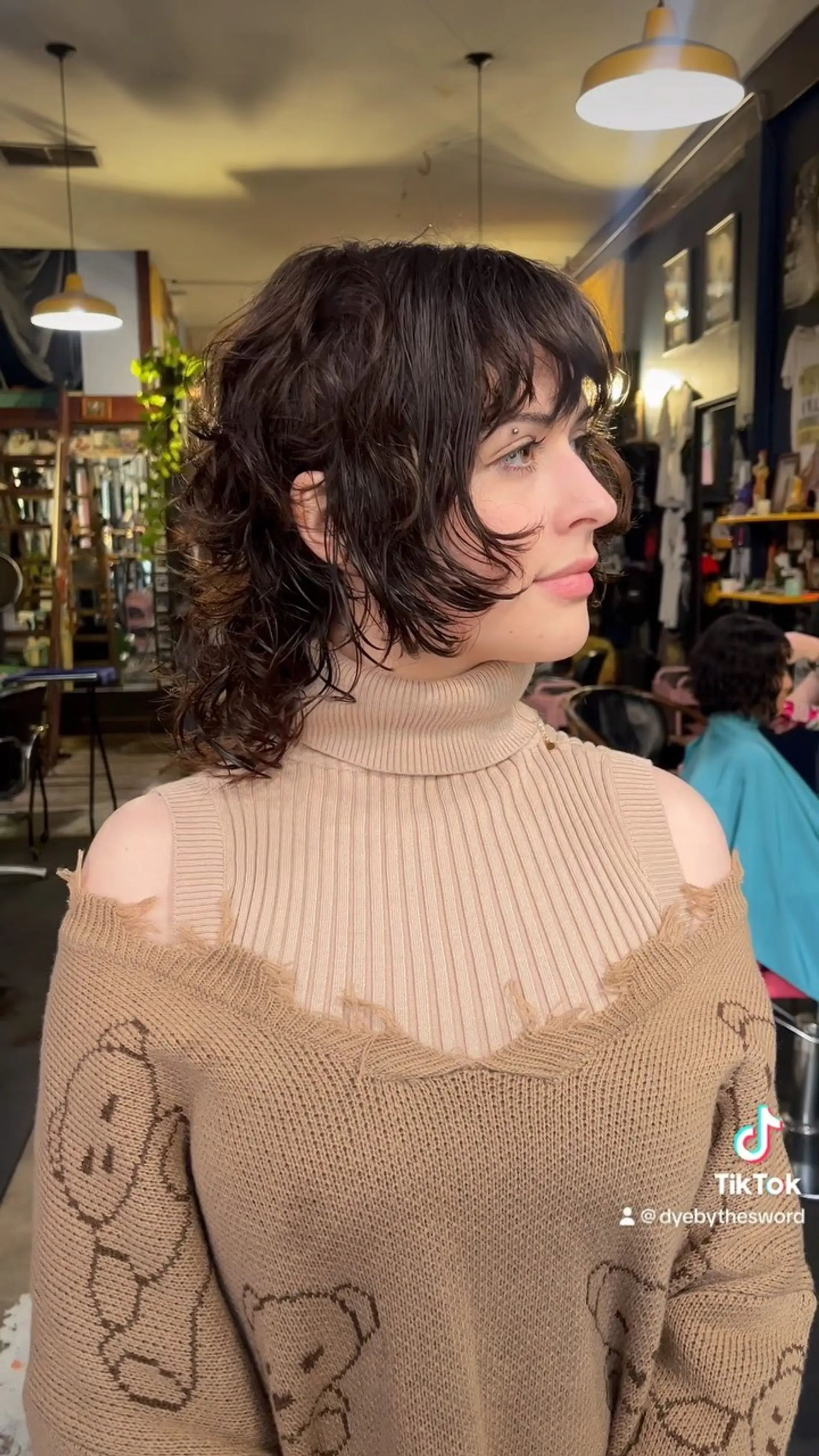 A textured dark brown shaggy mullet with wispy face-framing layers and full textured bangs. 1