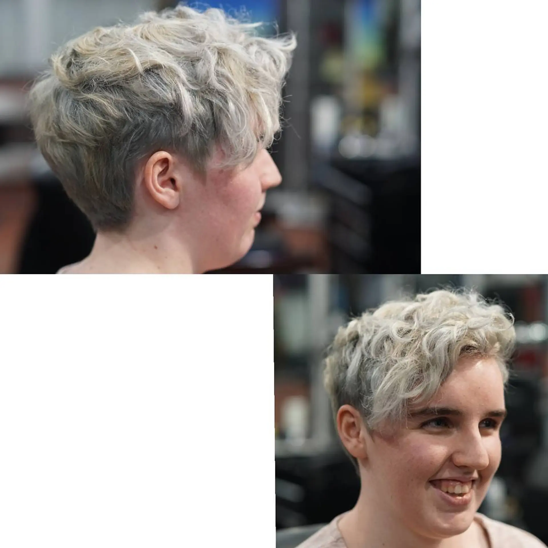 A textured curly pixie cut featuring tapered sides and voluminous, piecey blonde curls styled forward on top. 1