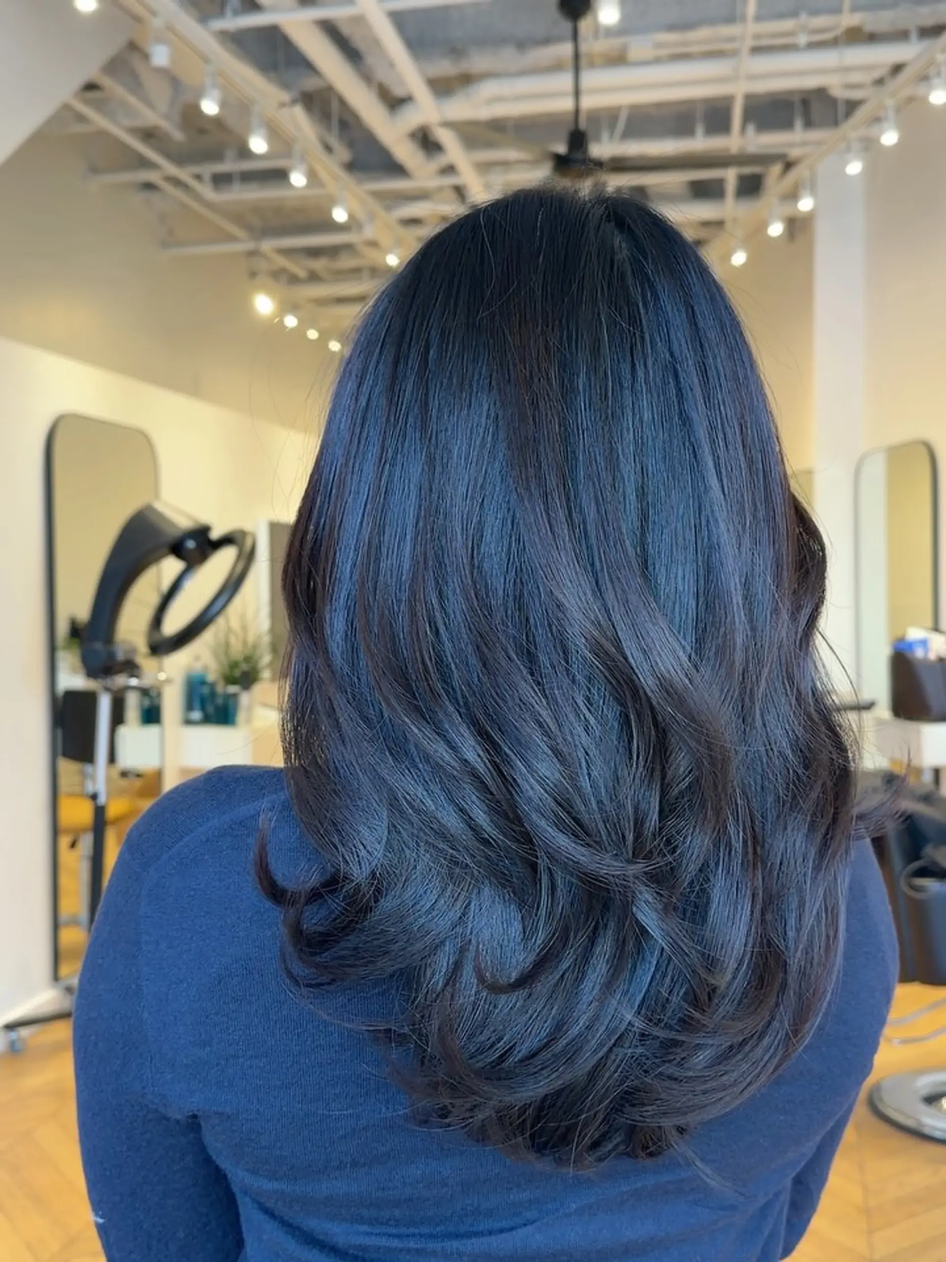 Long dark hair styled with soft, bouncy layers and flipped ends in a smooth blowout. 1