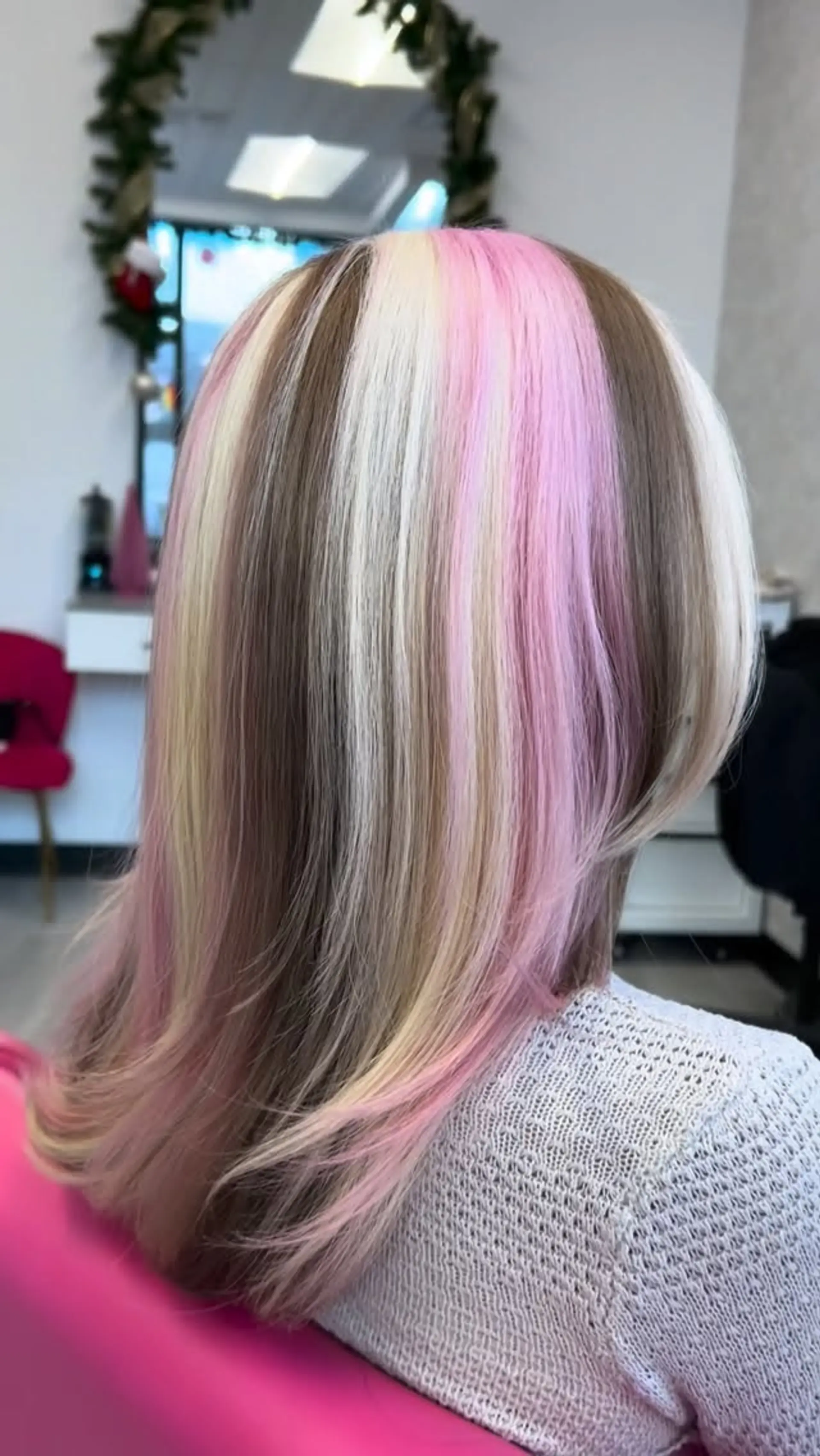 Medium-length straight hair featuring distinct Neapolitan-inspired panels of pastel pink, platinum blonde, and soft brown. 1