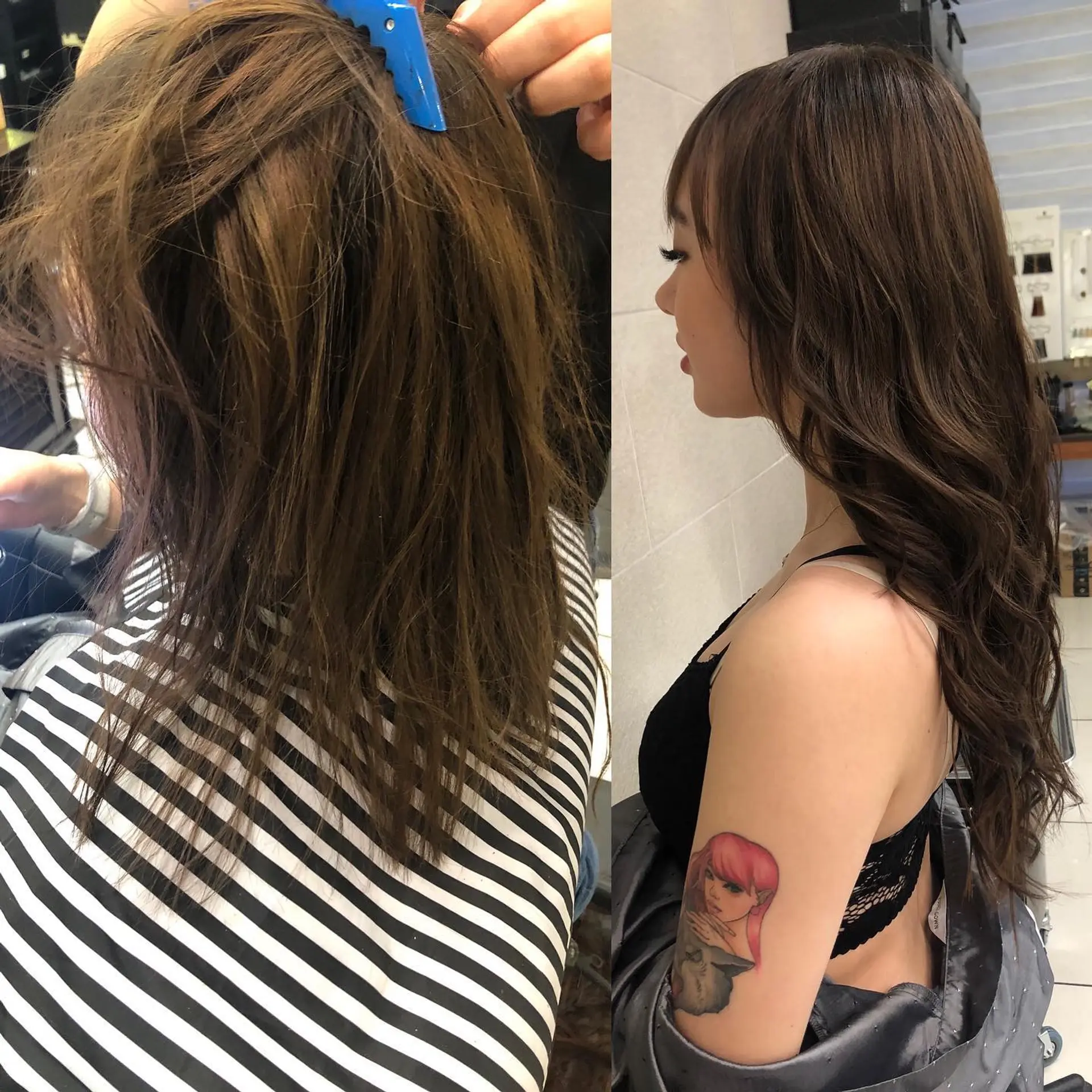 Long brunette hair styled in loose waves with soft fringe bangs after an 18-inch extension installation. 1
