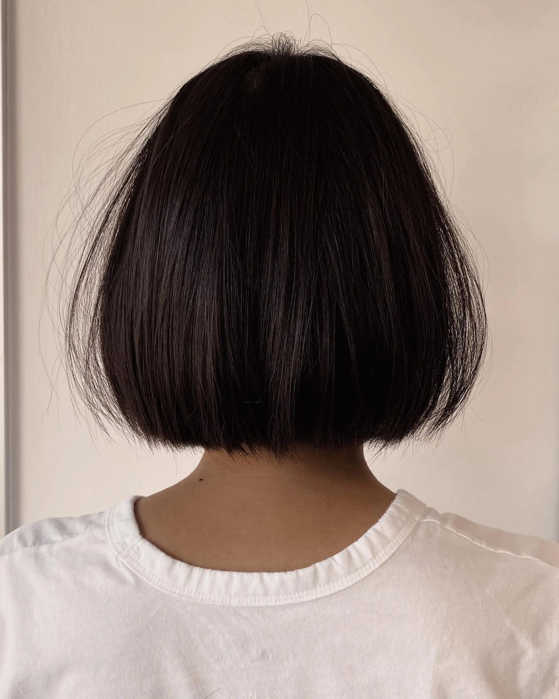 A clean, chin-length blunt bob cut straight across the nape on sleek dark hair. 1