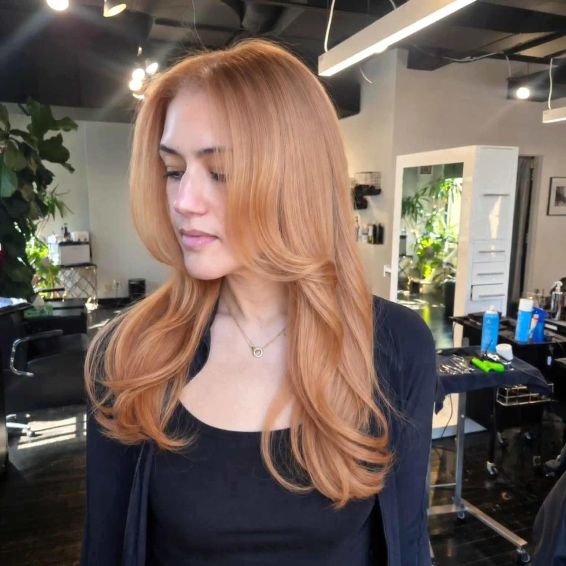 Long warm honey blonde hair styled into a smooth, voluminous blowout with sweeping face-framing layers. 1