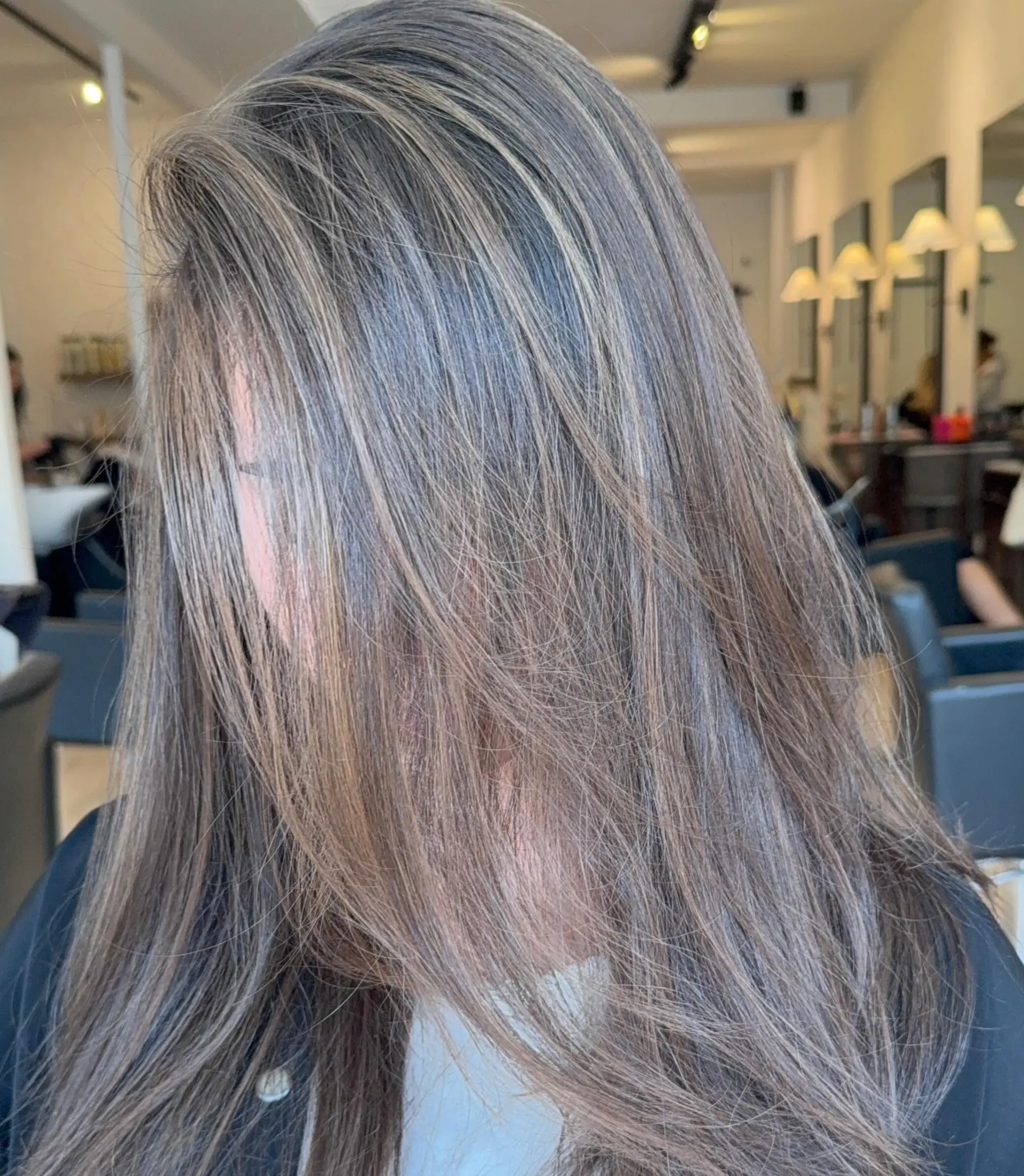 Long cool-toned ash brunette hair featuring subtle, finely blended highlights with smooth layered texture. 1