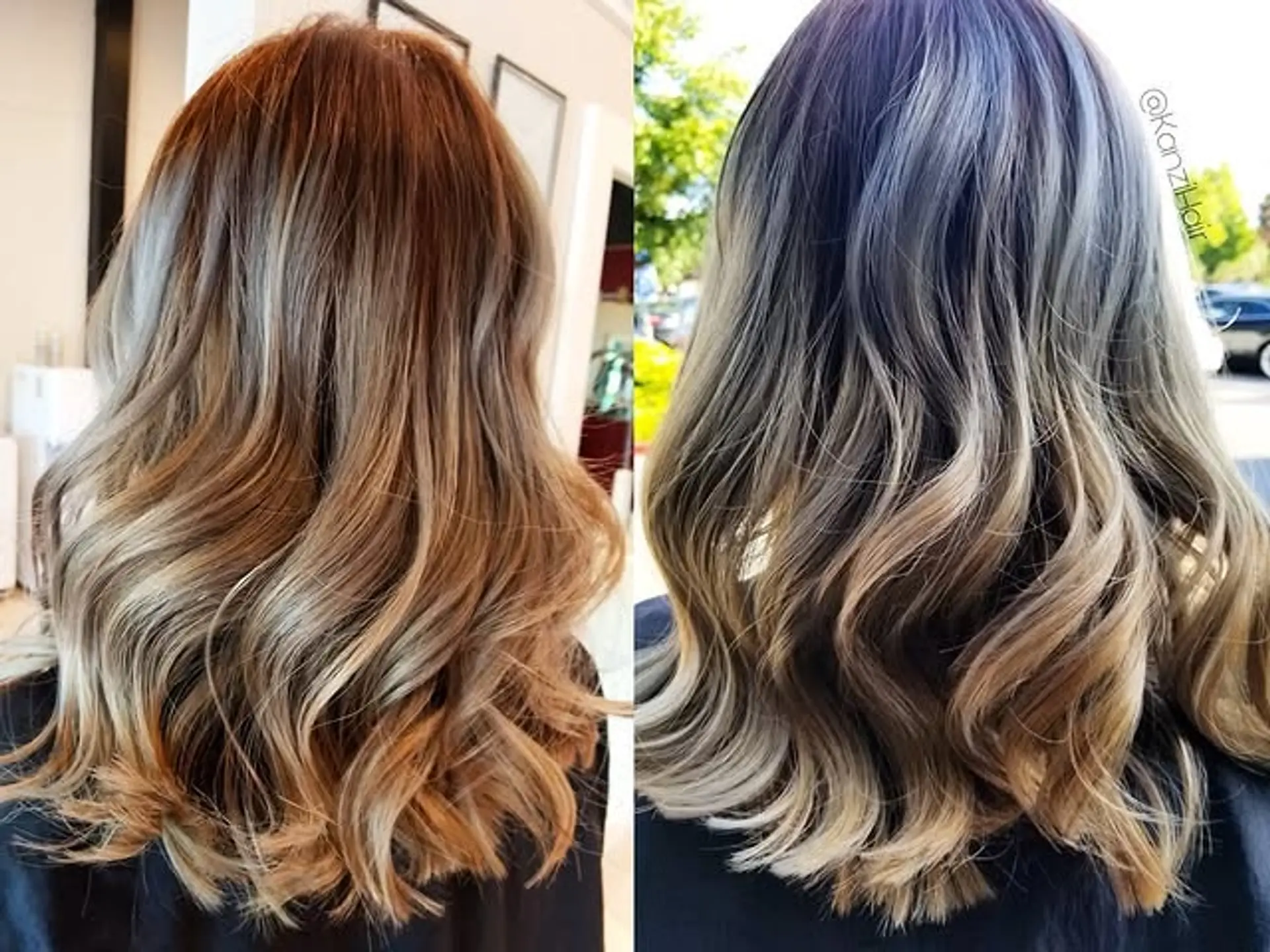 A beautiful ash blonde balayage with soft, natural waves. The color transitions from darker roots to cool-toned ash blonde ends, offering a modern, lived-in style. 1