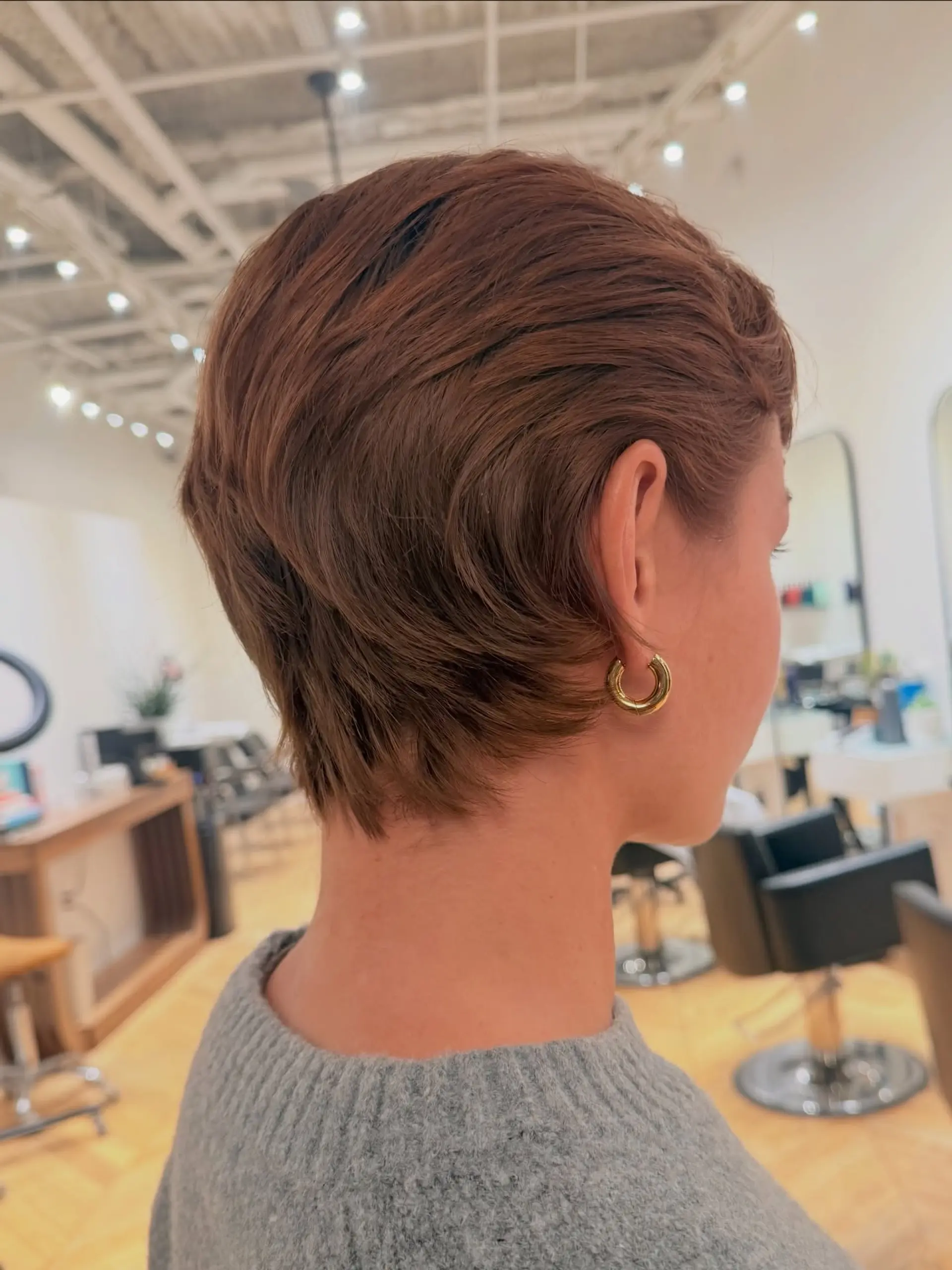 A soft, textured pixie cut featuring tapered layers around the ears and nape, colored in a warm copper-brown shade. 1
