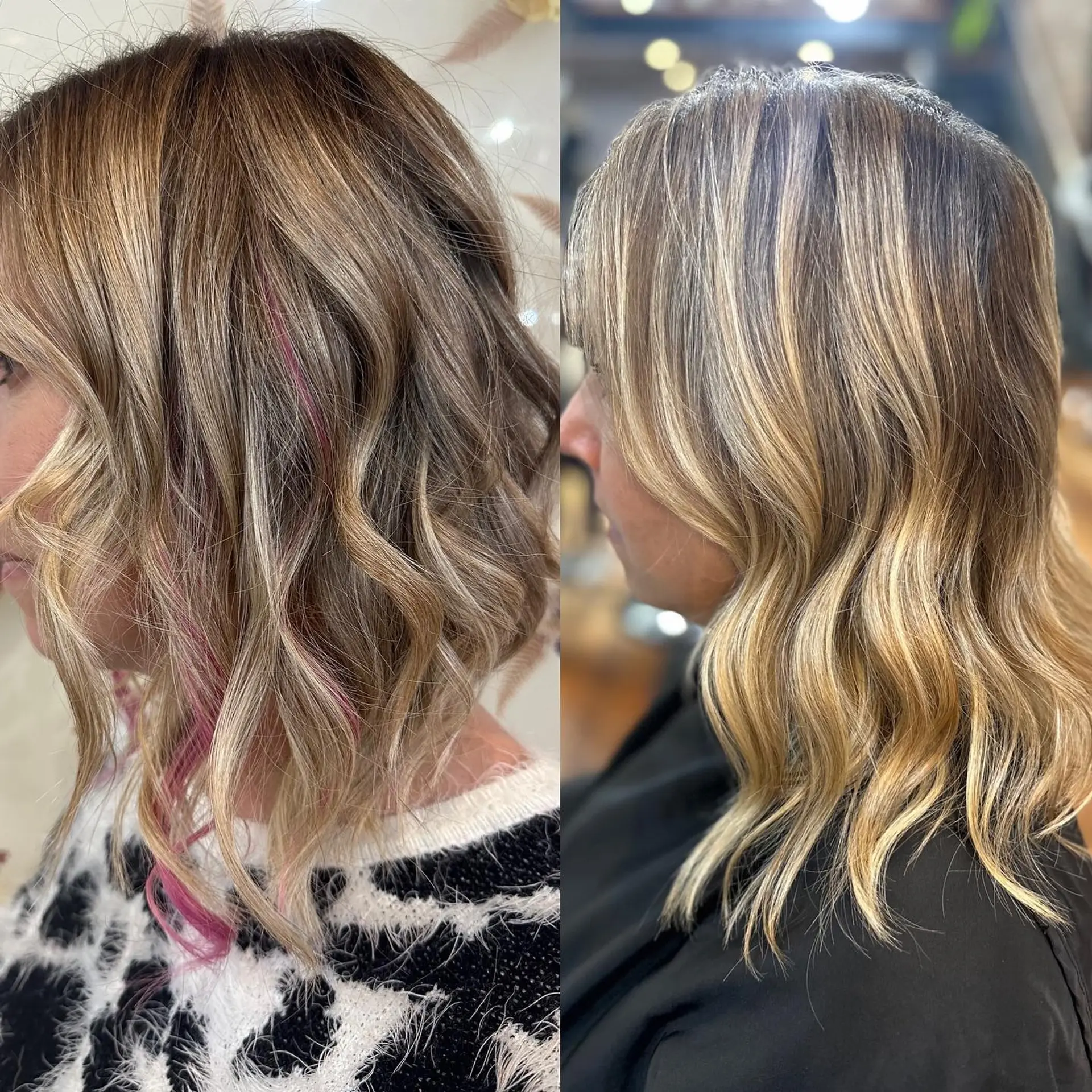 A textured, wavy A-line bob featuring dimensional blonde highlights with vibrant pink peekaboo extension accents. 1