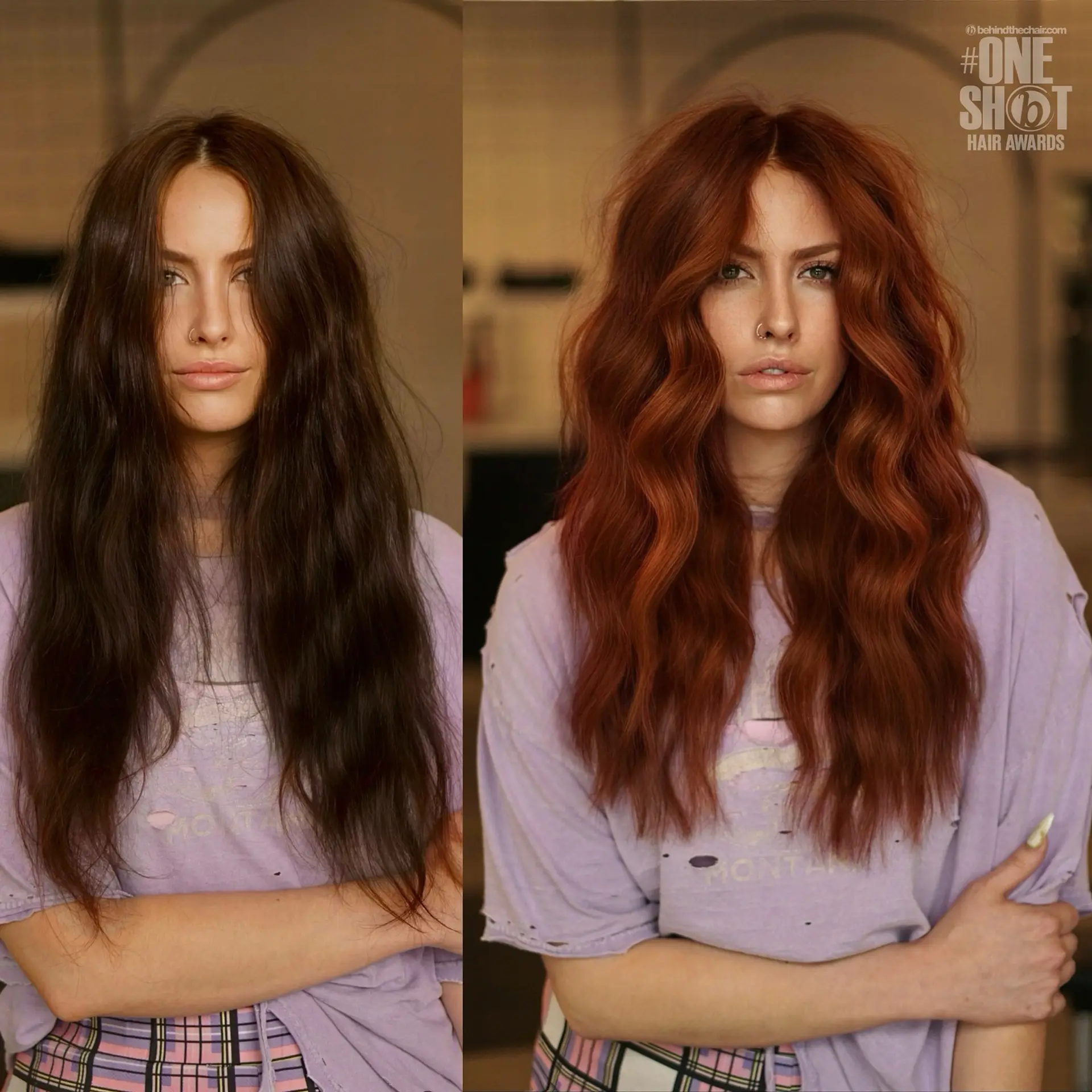 A dramatic color transformation from dark brunette to vibrant mahogany-cinnamon copper, styled with voluminous, textured waves. 1