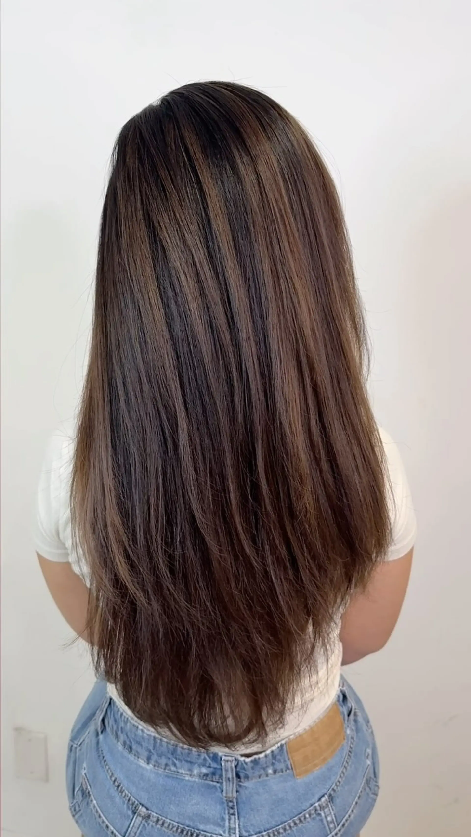 Long straight brunette hair cut with soft cascading layers and painted with subtle, multidimensional brown balayage highlights. 1