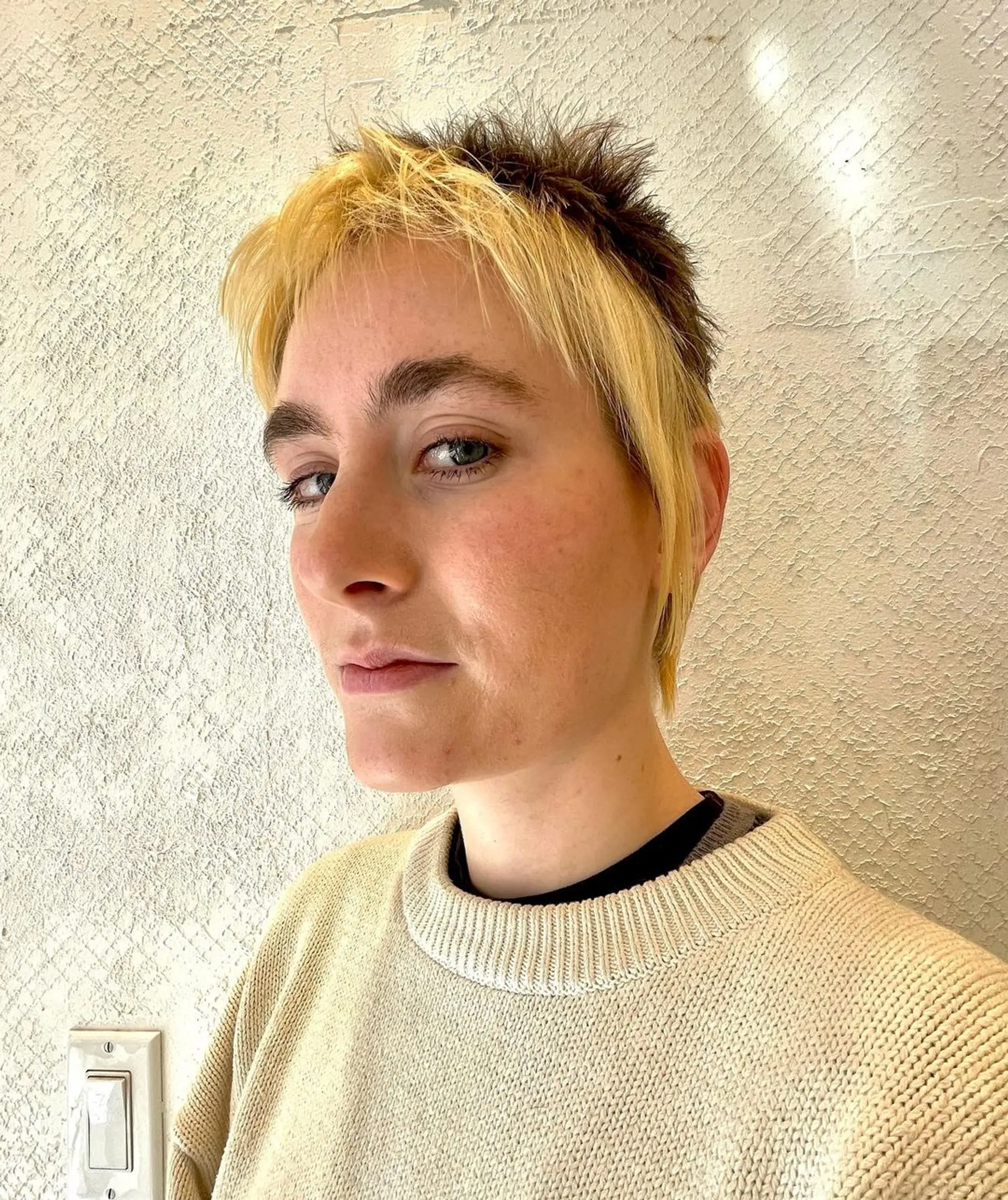 A short, choppy mullet with a blonde and dark brown contrast. The hairstyle features an undercut, a textured top, and an ear-length fringe with straight, layered strands for a spiky look. 2