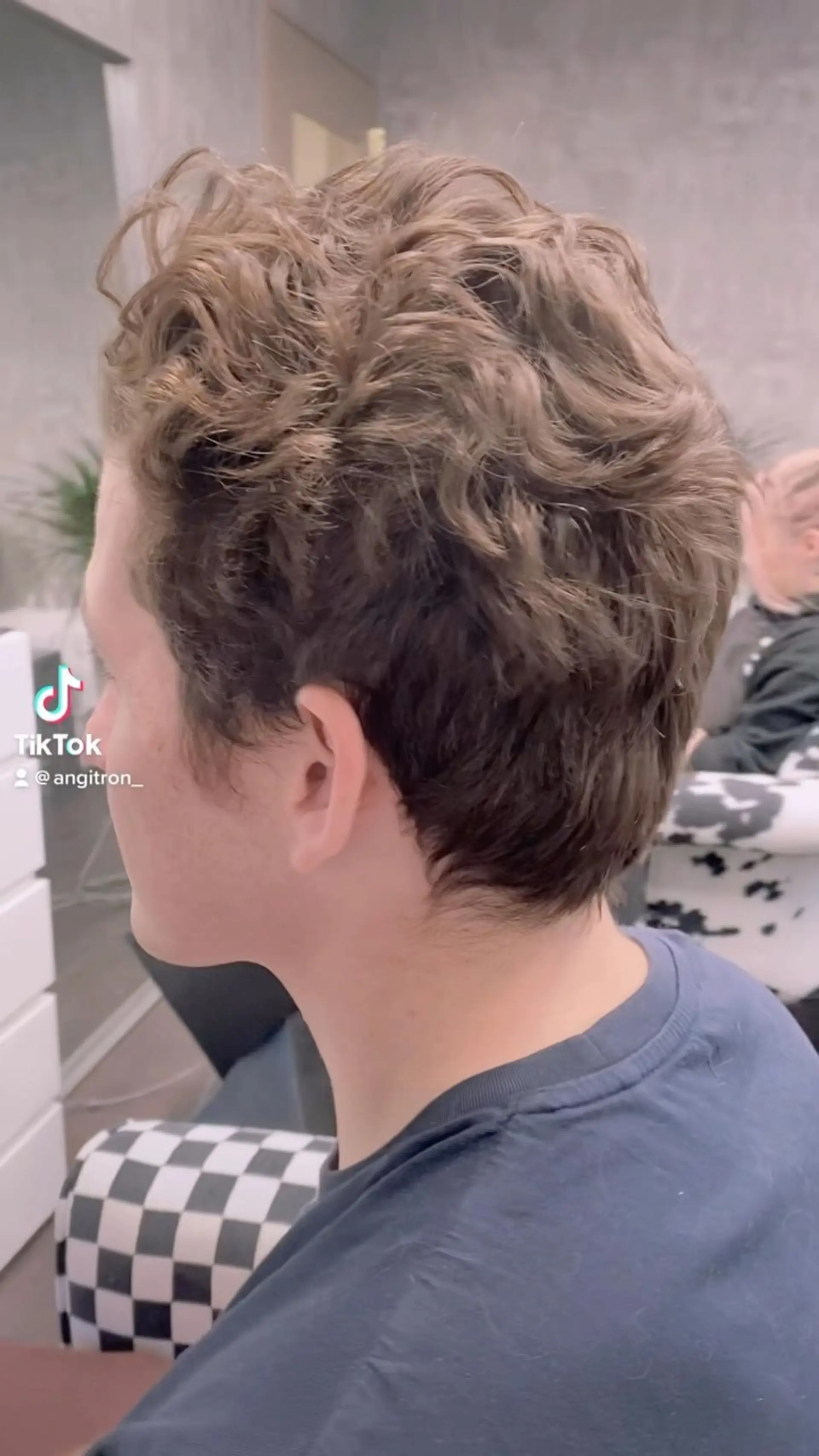 A textured short wavy cut styled into an early mullet silhouette with soft shear-over-comb tapering around the ears and nape. 1