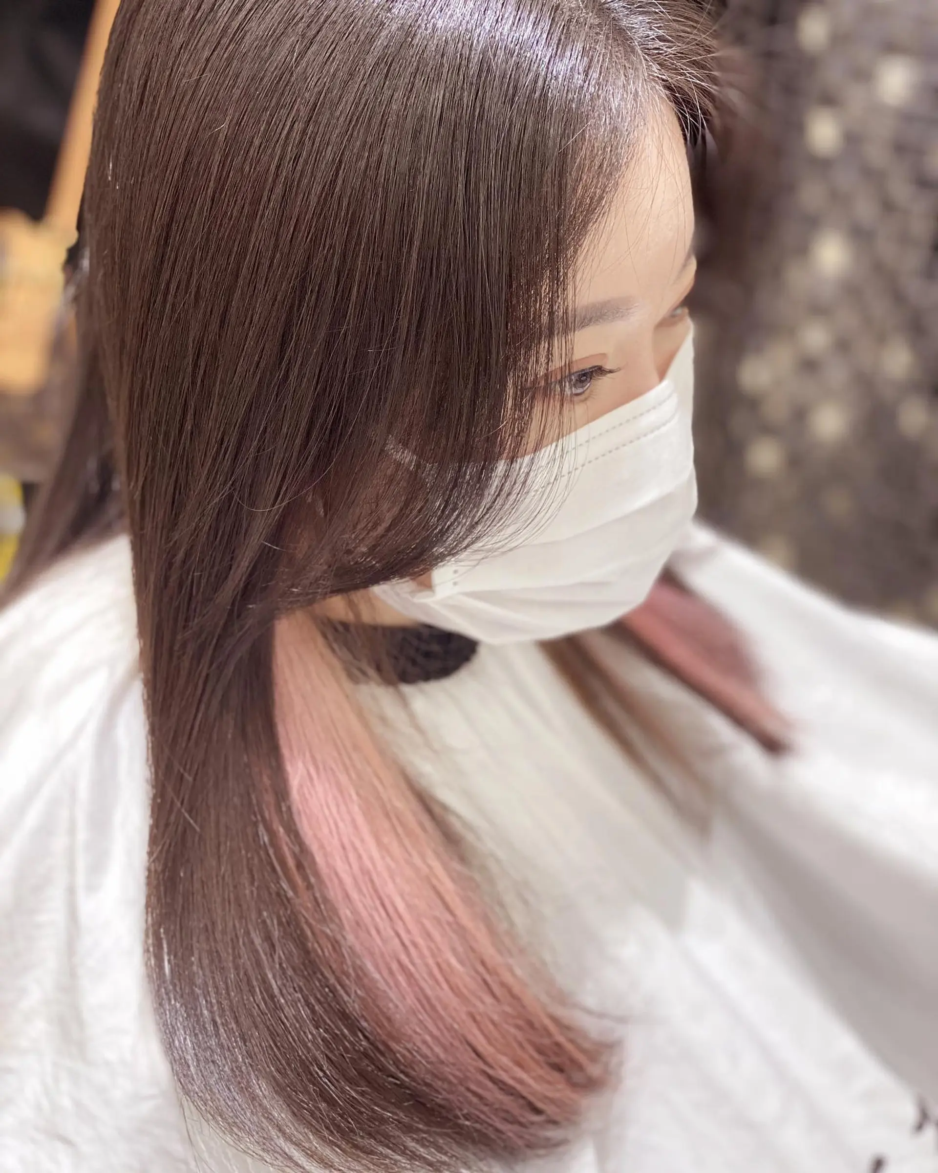 Long, straight hair with subtle hidden pink highlights. 1