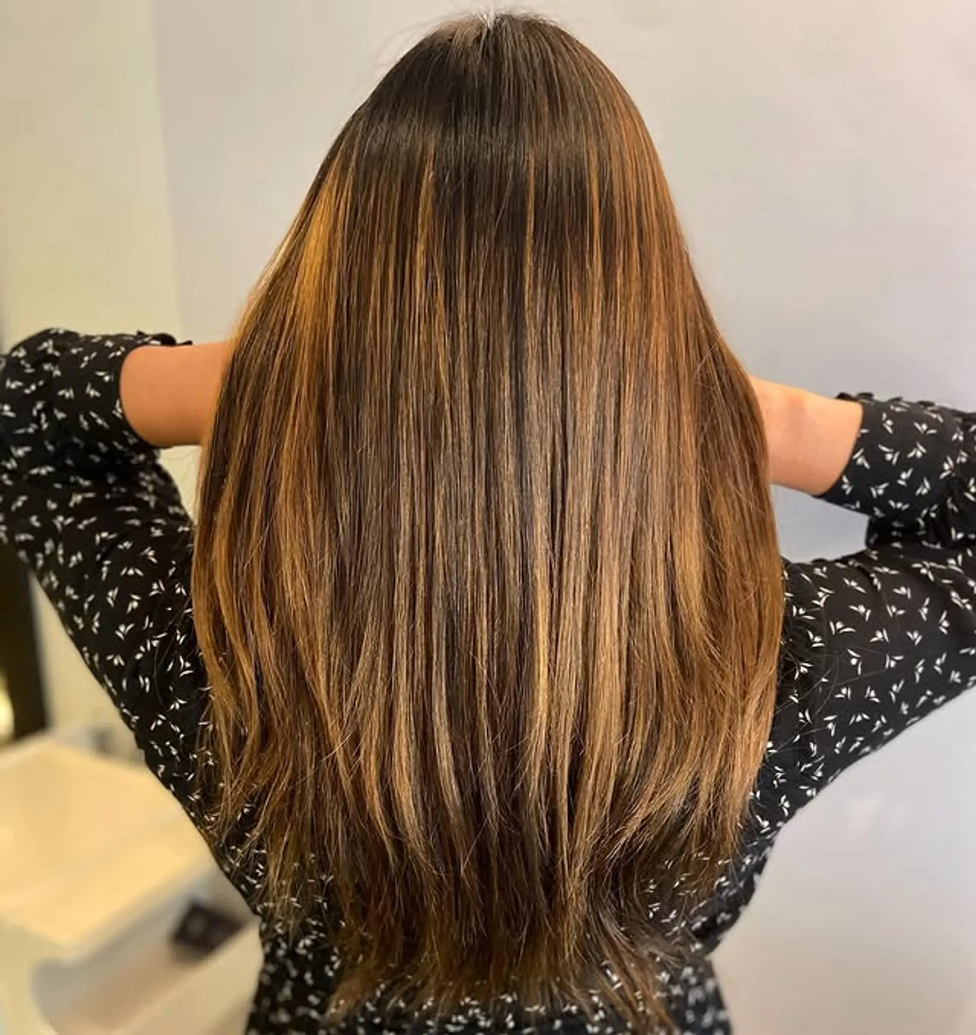 Long layered brunette hair with subtle honey highlights. 1