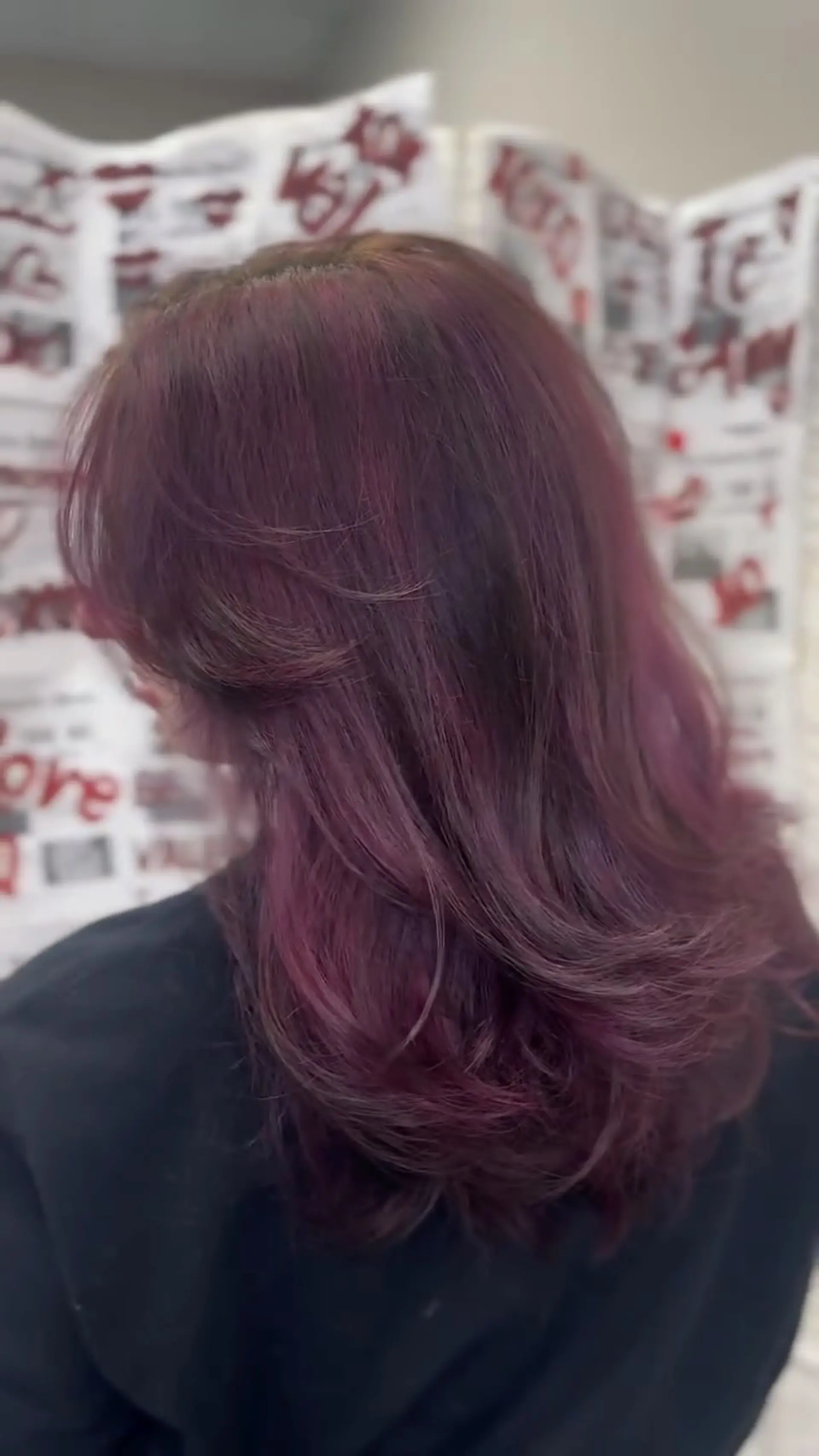 A medium-length layered cut dyed in a deep violet-plum shade, styled with a smooth, voluminous blowout and soft curved ends. 1
