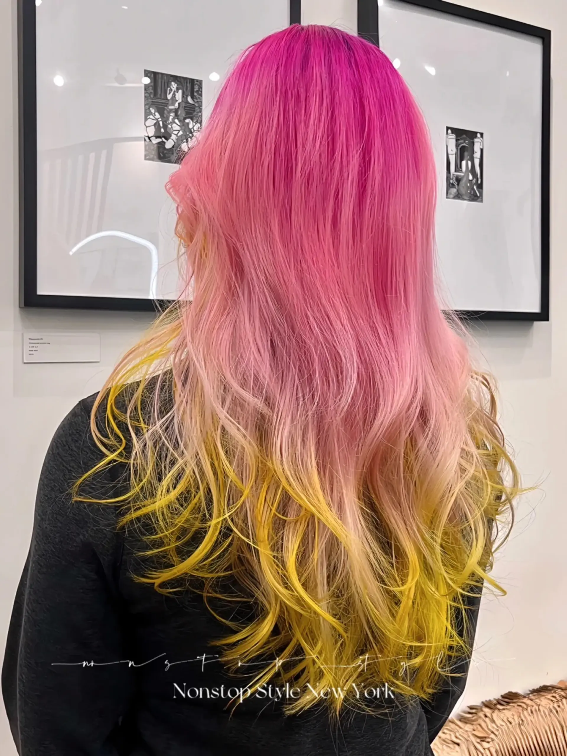 Long, wavy hair with a gradient ombre from pink to blonde, ending with neon yellow tips in loose beach waves.

(NonstopStyle: by Niel) 1