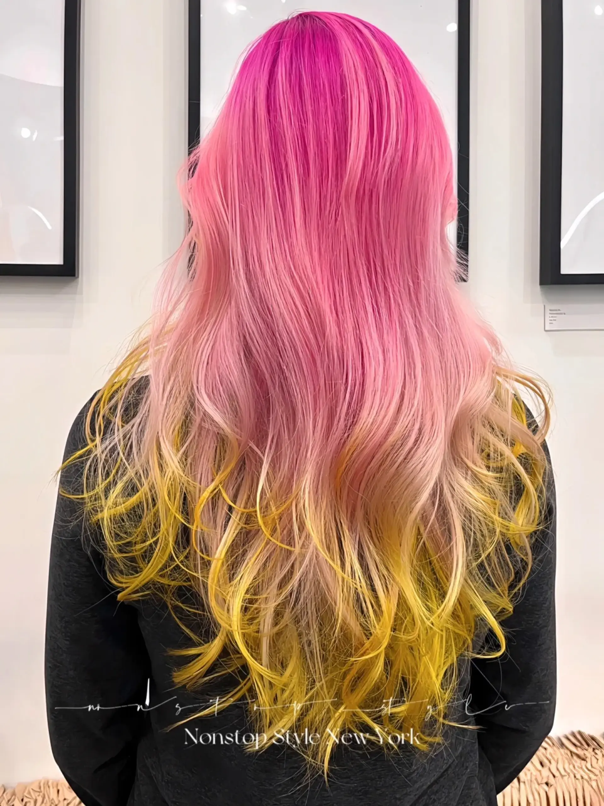Long, wavy hair with a gradient ombre from pink to blonde, ending with neon yellow tips in loose beach waves.

(NonstopStyle: by Niel) 2