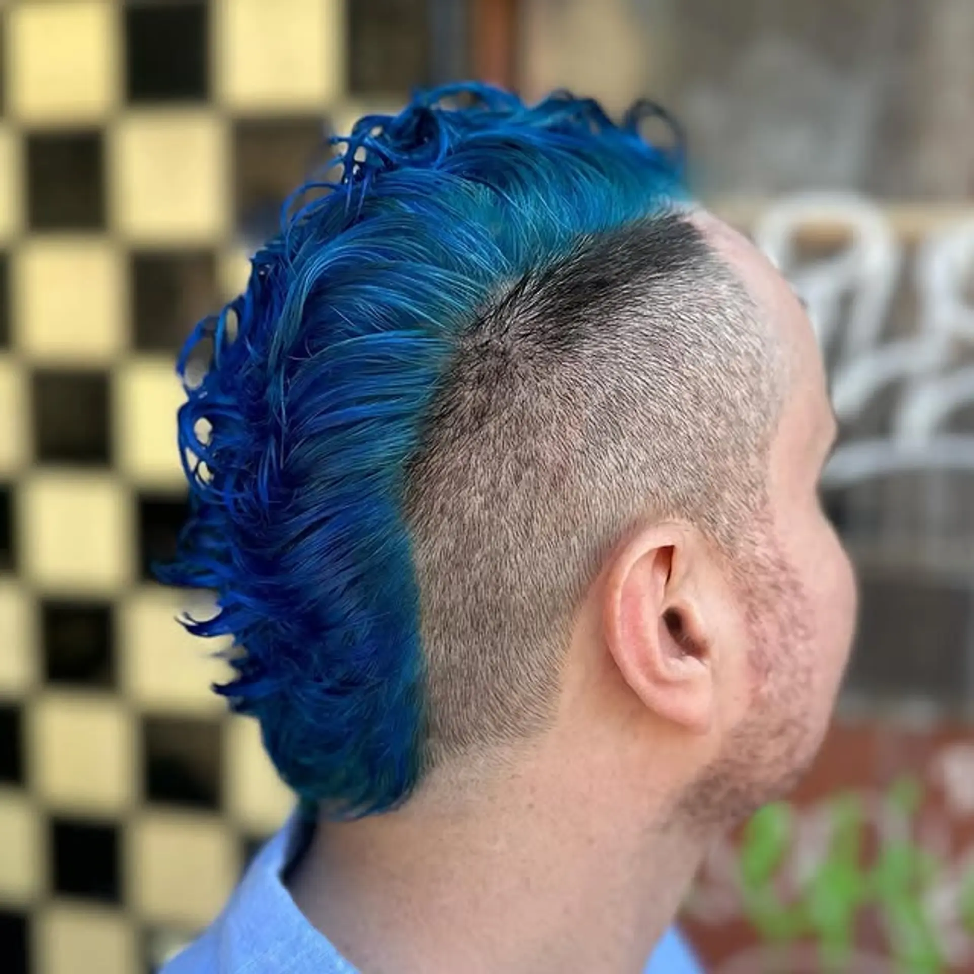 A vibrant electric blue curly mohawk with a modern fade. 1