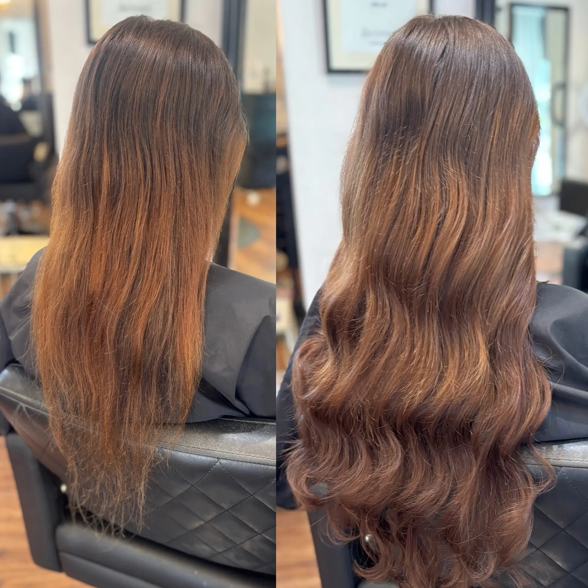 A side-by-side hair transformation demonstrating added length, fullness, and soft flowing waves on rich brunette hair. 1