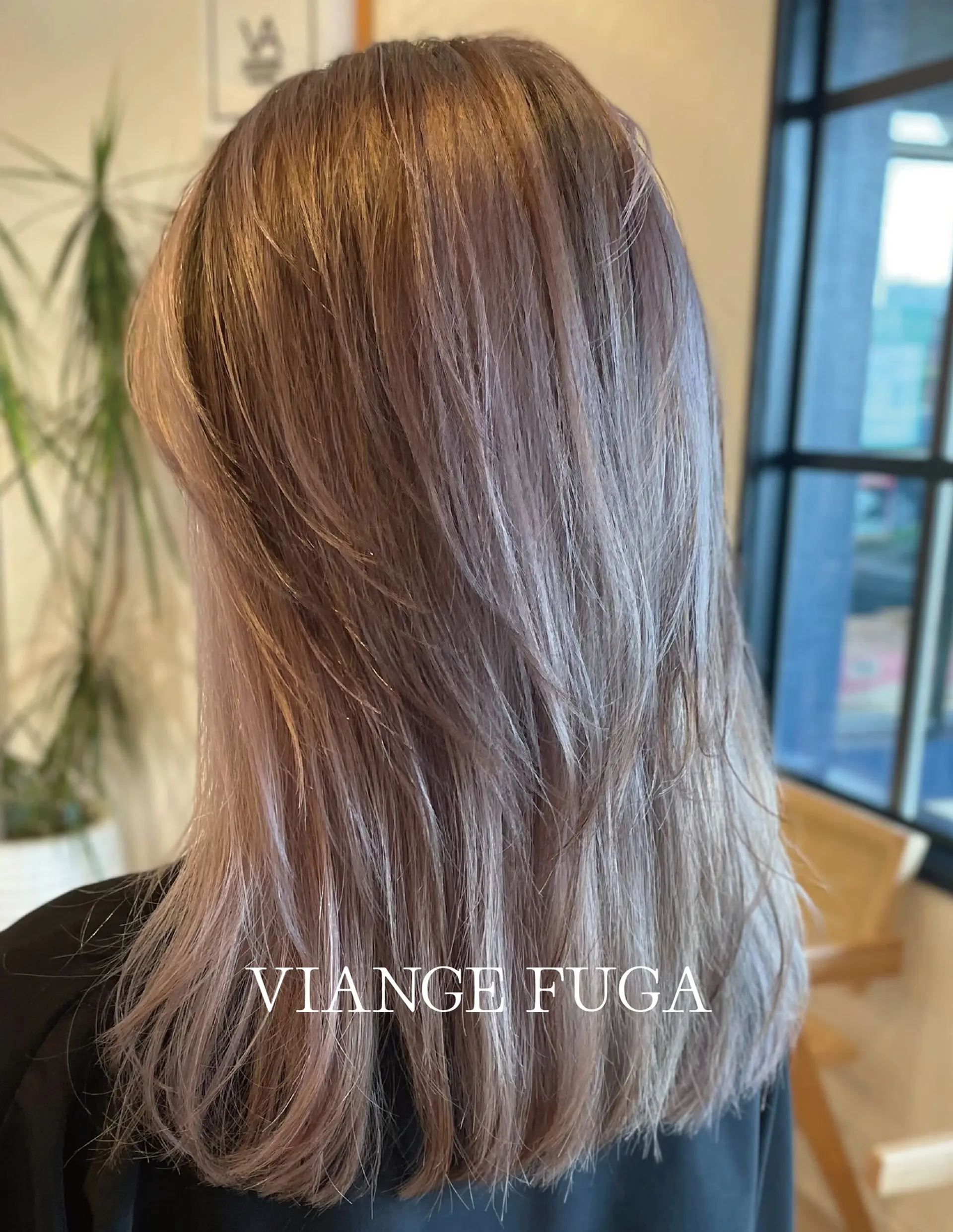Long straight hair with feathered layers colored in a seamless, luminous toasted beige with cool undertones. 1