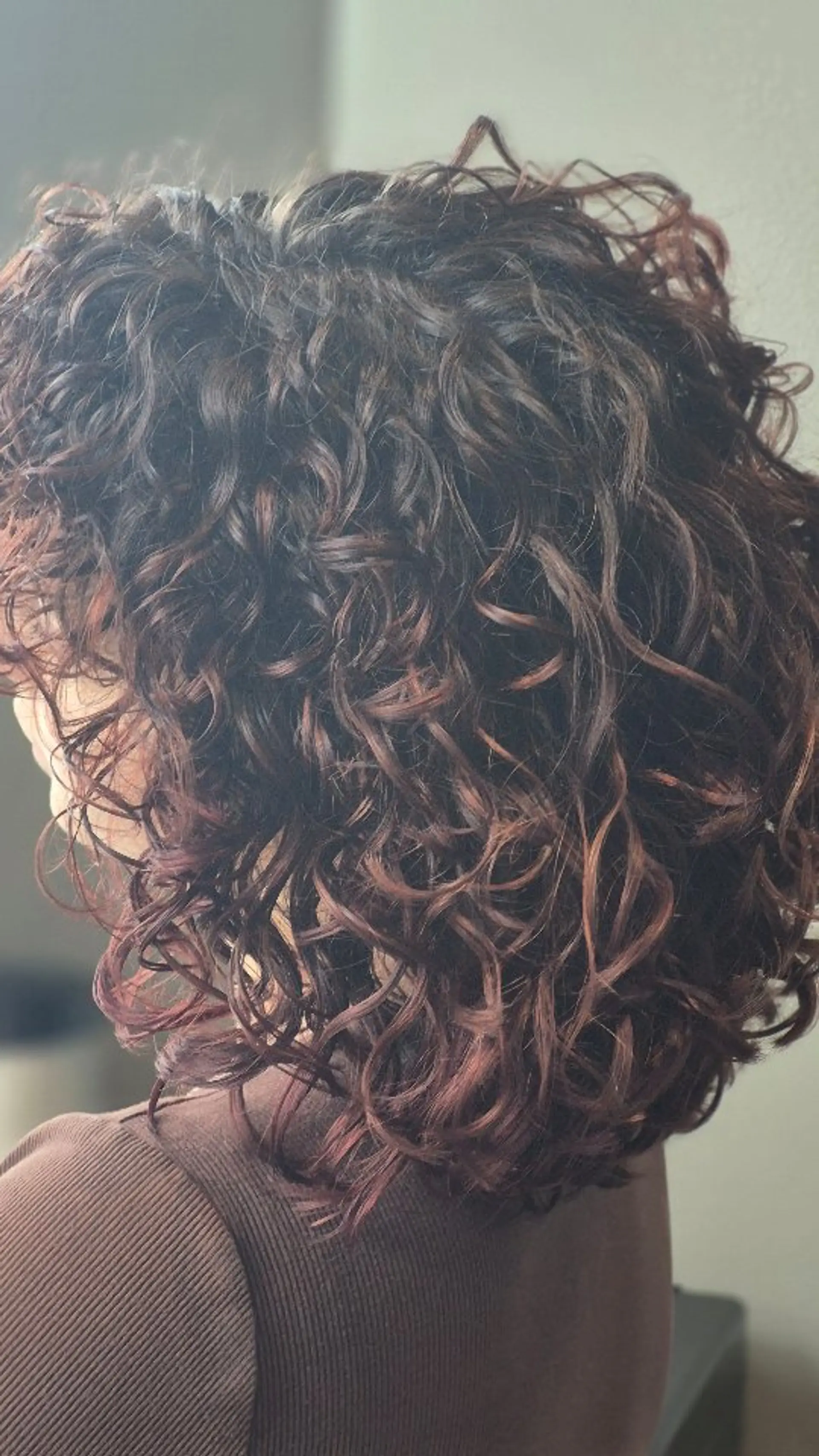 Shoulder-length bouncy, defined curls with subtle burgundy and auburn dimensional tones. 1