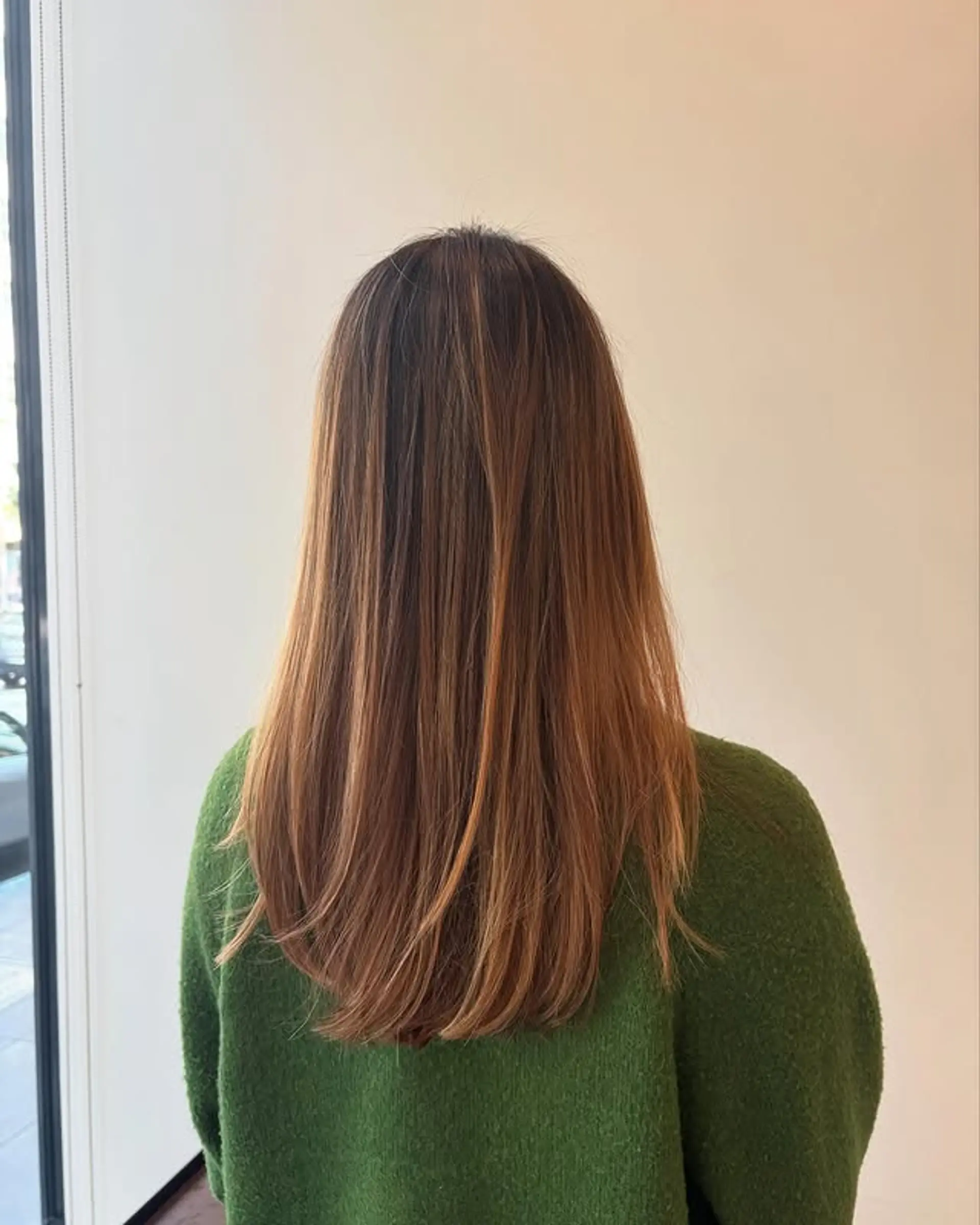 Long, straight hair with subtle layers and balayage highlights. 1